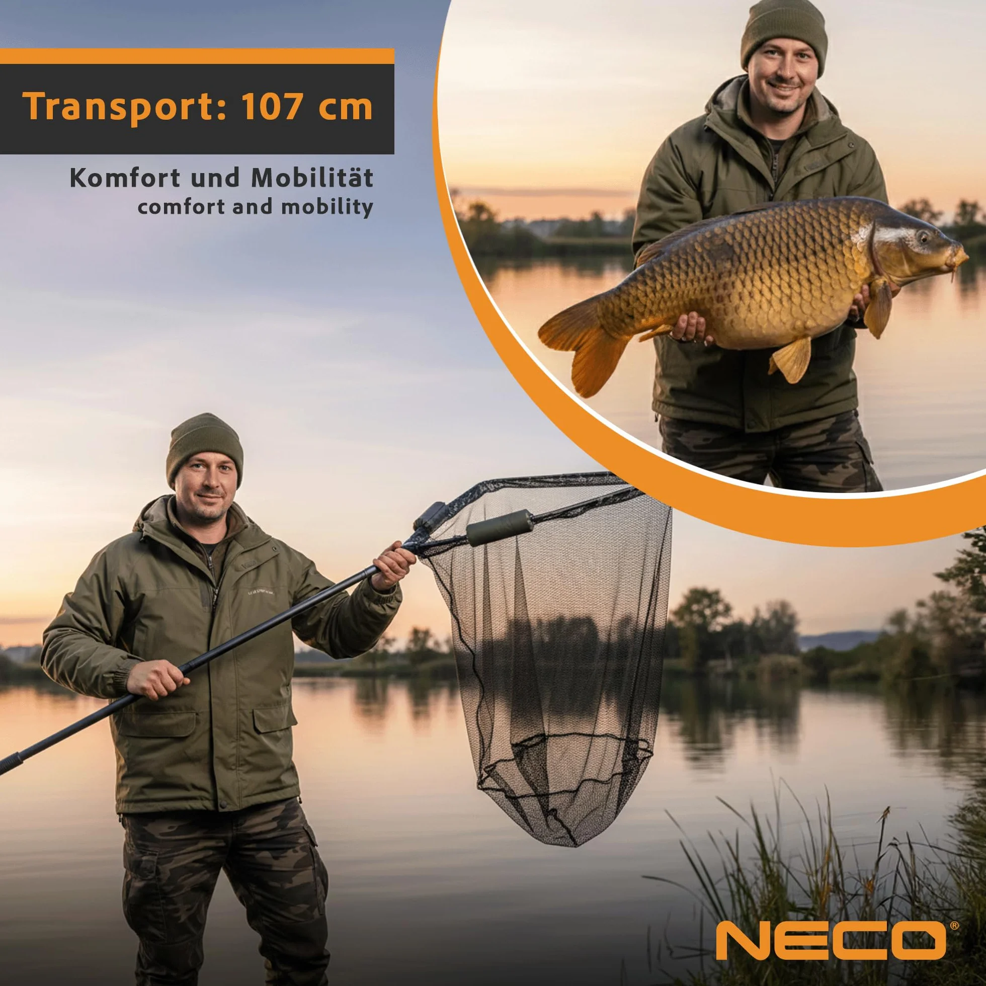 NECO Épuisette à Carpe 100x100 cm avec Flotteurs - Grand Filet Pliable et Léger avec Étui, Panier Profond pour la Pêche aux Poissons et Carpes (70202)