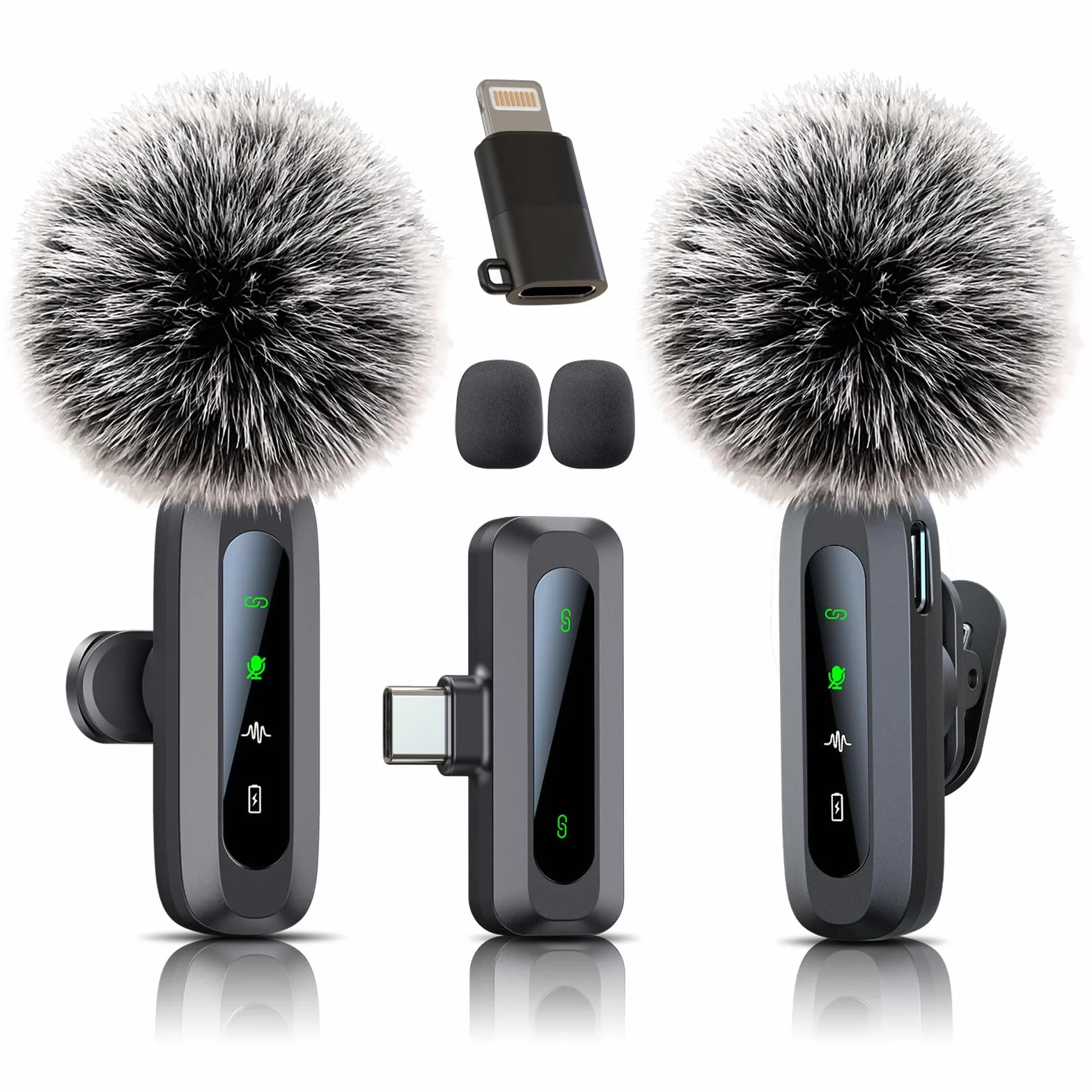 Microphone cravate sans fil pour iPhone USB-C, mini micro réduction bruit écran LED clip rotatif Vlog TikTok