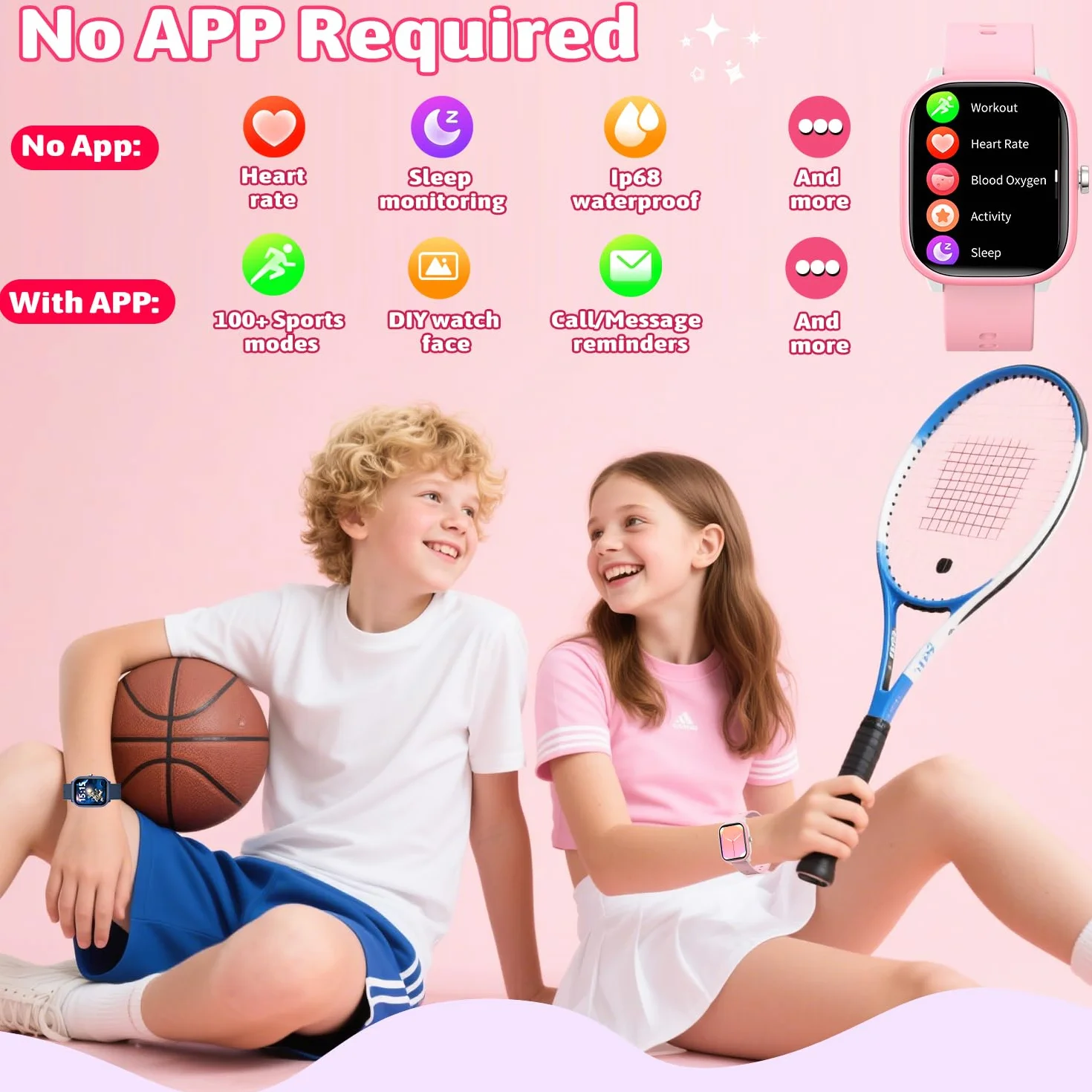 Fikami Montre Intelligente Enfants 1,83" Fitness Tracker Sport Fréquence Cardiaque Compteur Pas 16 Jeux 6-16 Ans