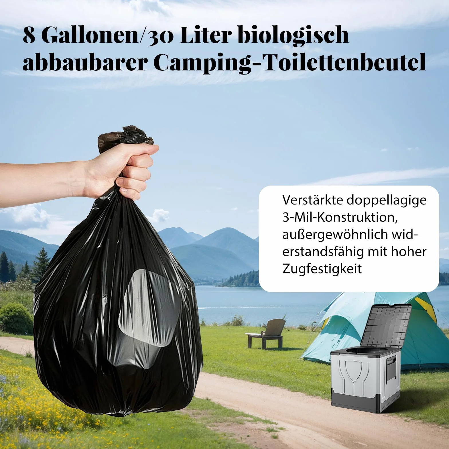 Sacs de toilette de camping biodégradables 30 L noirs étanches extra épais lot de 100