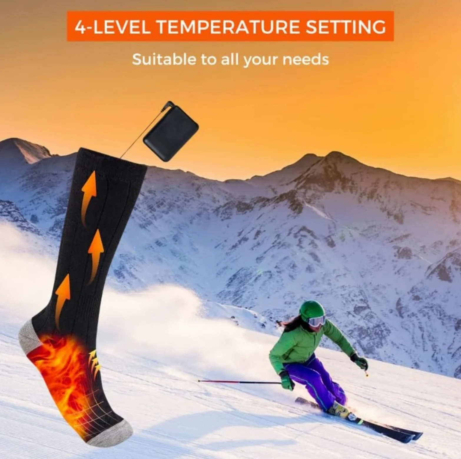 Chaussettes de ski chauffantes électriques – 4 niveaux de température rechargeables double couche thermiques pour homme et femme