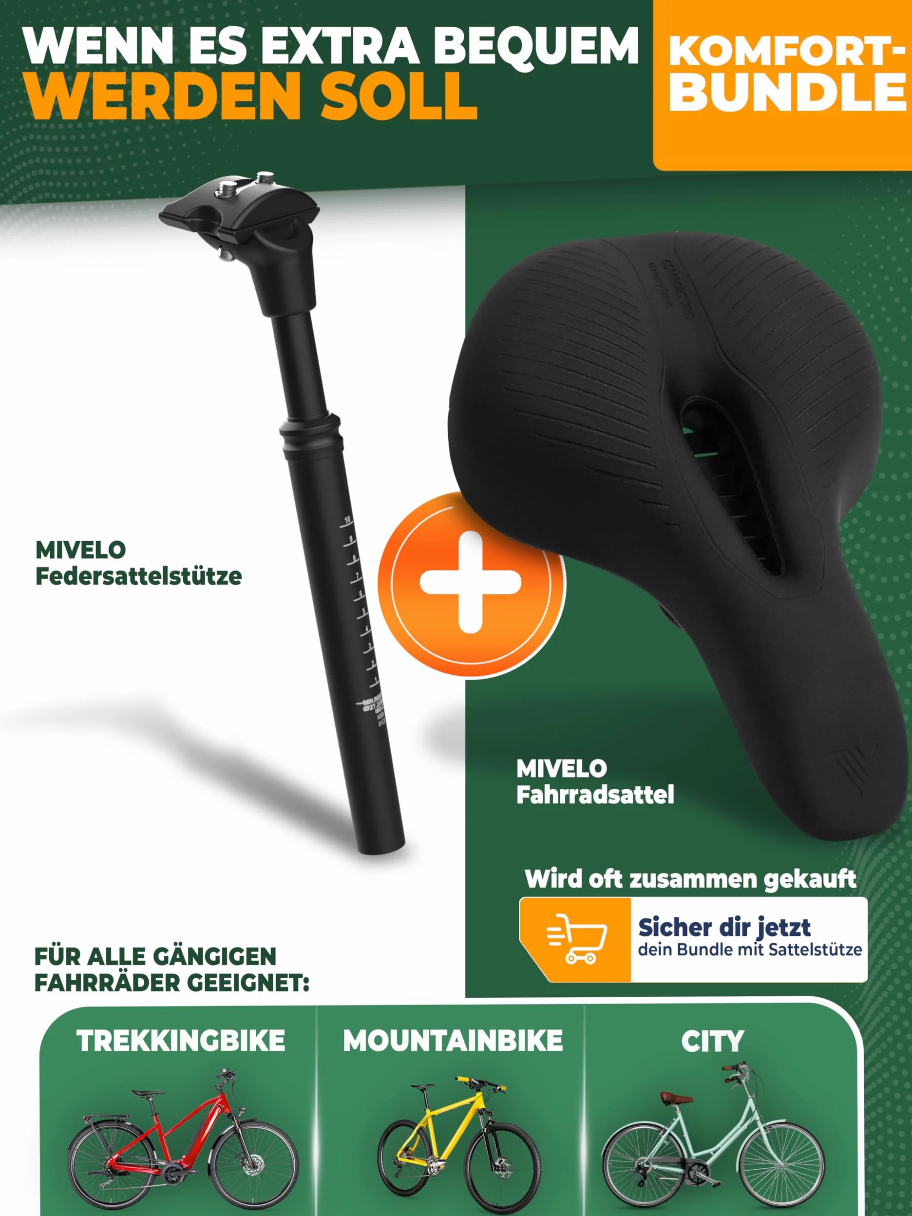 MIVELO Tige de selle à ressort avec 2 ressorts de 27,2/30,9/31,6 mm de diamètre I Tige de selle à ressort ComfortPro I Tige de selle à ressort pour soulager la colonne vertébrale I Tige de selle pour