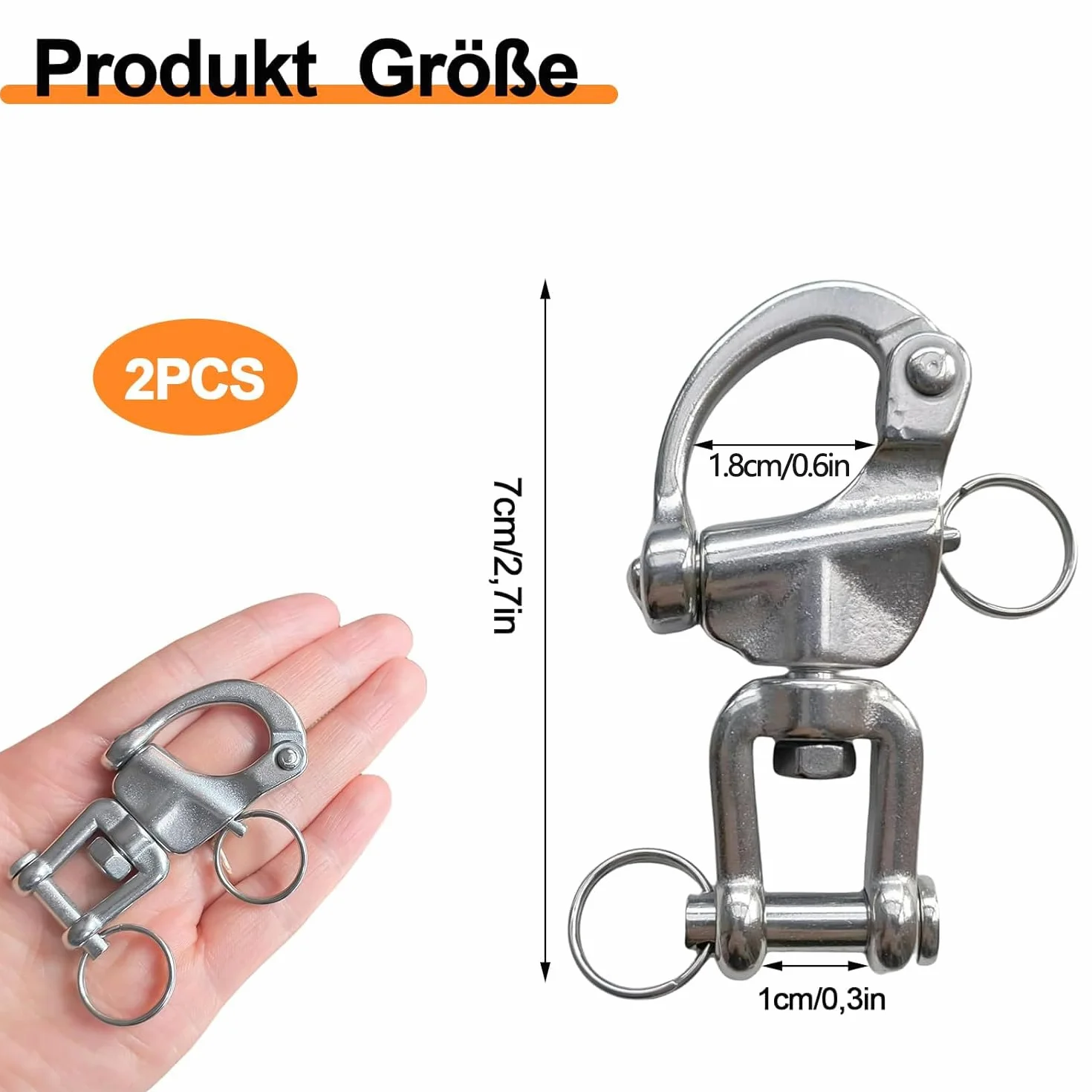 Manille en acier inoxydable,Pack de 2 crochets anti-panique à manille, mousqueton, manille émerillon, émerillon inox, pour drisse de spi de voilier 70 mm