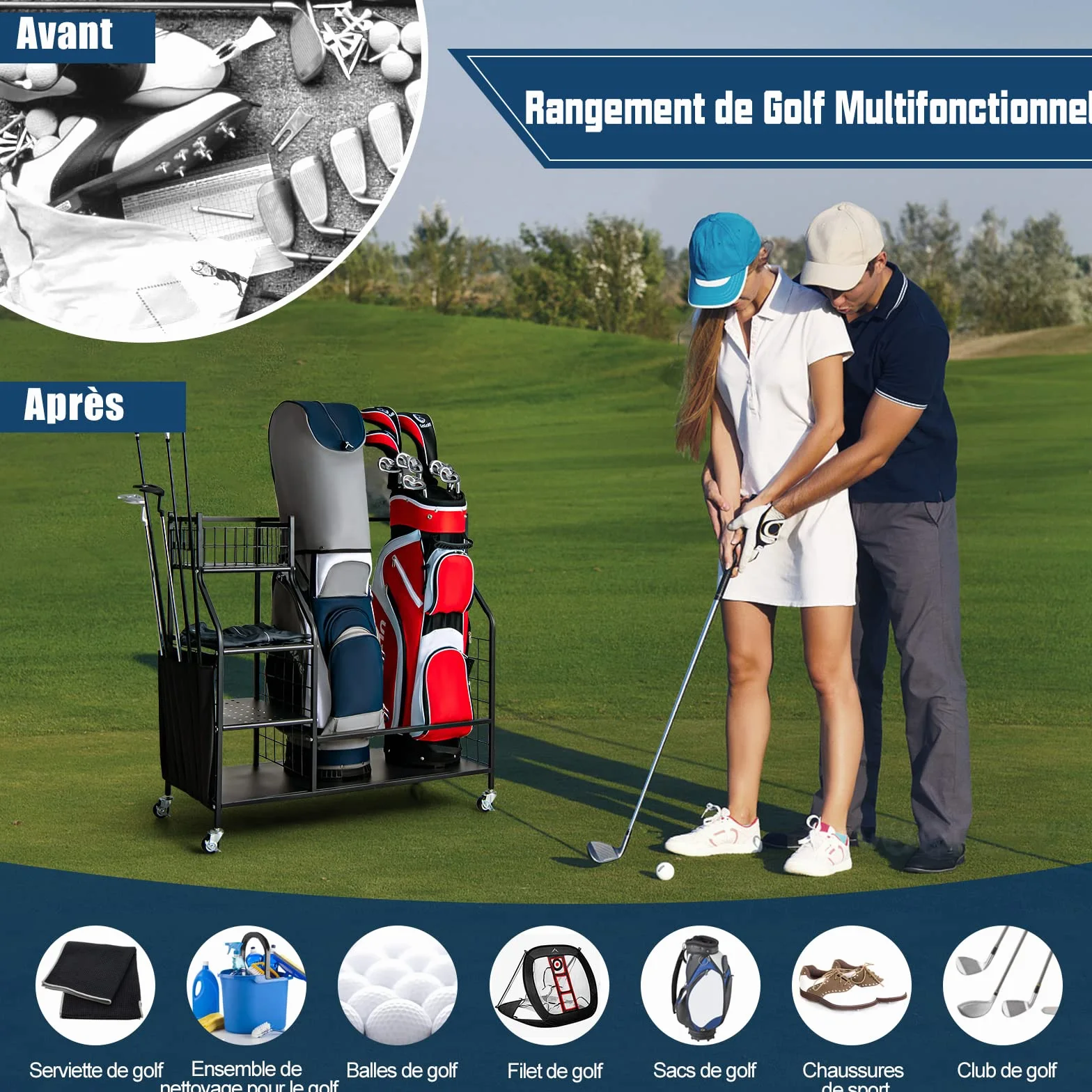 COSTWAY Support de Rangement pour Sac de Golf avec Roues Universelles Verrouillables, Organisateur de Stockage en Métal pour Accessoires Golf avec Étagère et 4 Crochets