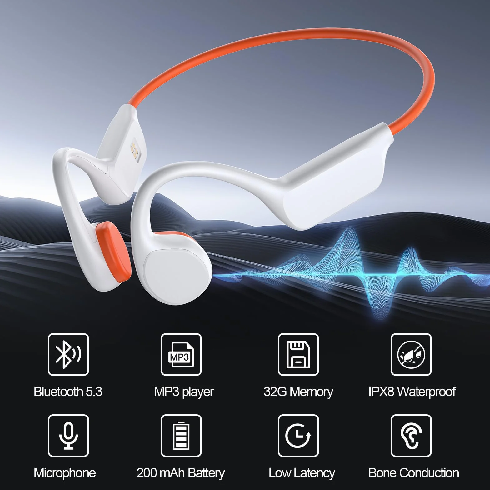 Casque Conduction Osseuse, Écouteur Natation À Bluetooth 5.3, mémoire 32 Go intégrée, Lecteur MP3 Étanche IPX8-10 Heures de Jeu, Casque Sport pour la Natation Blanc