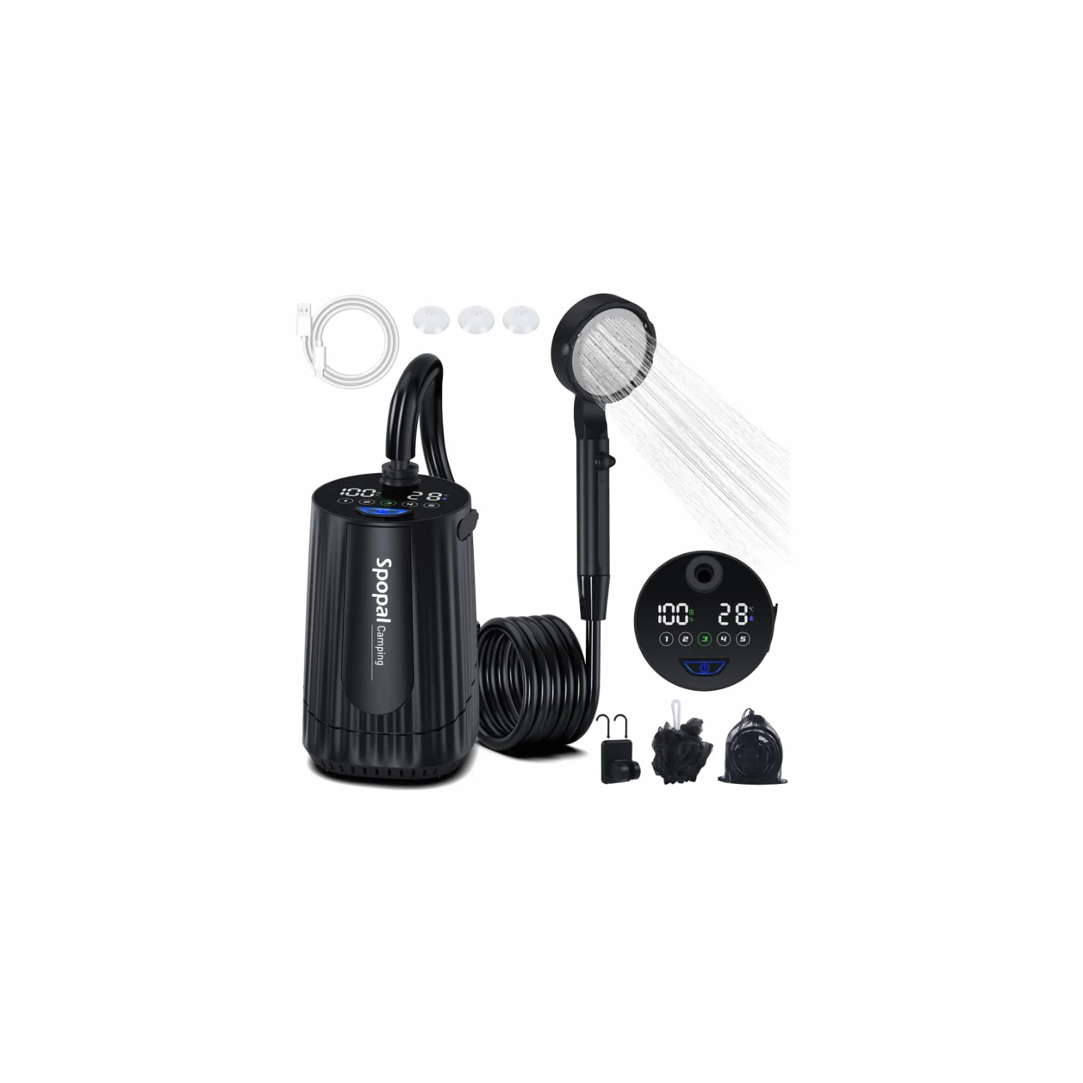Spopal Douche Portable Camping Rechargeable 10000mAh avec Afficheur Intelligent 5 Vitesses Réglables