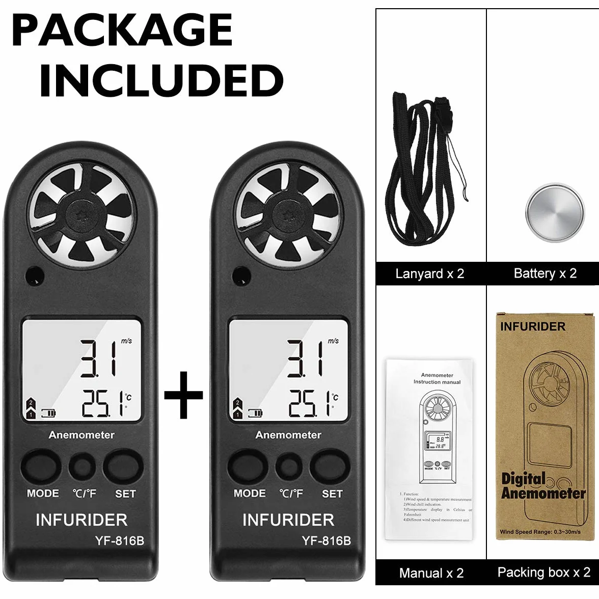 Anémomètre Numérique Portable INFURIDER YF-816B Compteur Vitesse LCD Rétroéclairé Température MAX/AVG 2 Pack