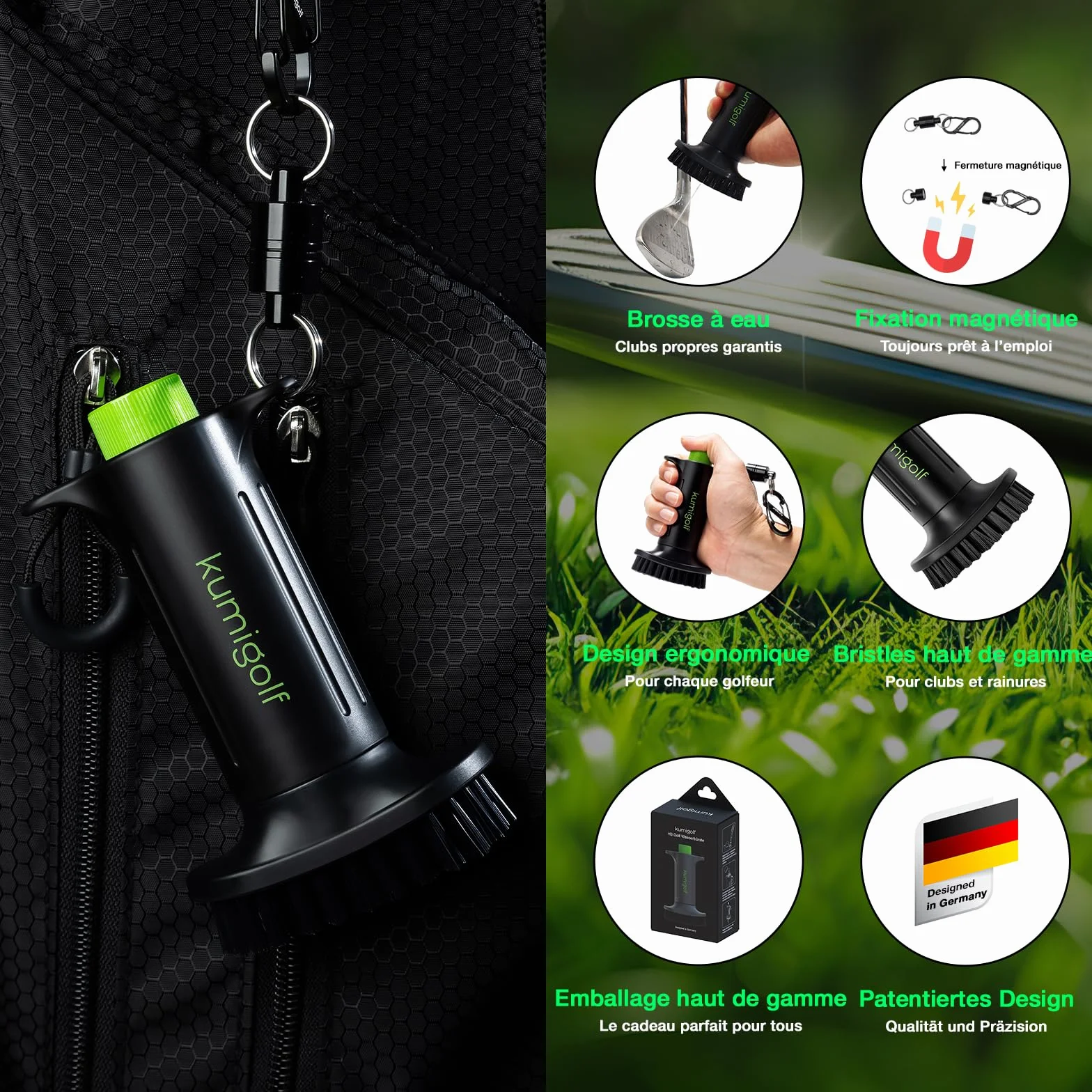H3 Brosse à eau de golf, fonction de pulvérisation et clips magnétiques, brosse de club de golf et nettoyant de club de golf, poils en nylon de qualité supérieure et solides pour surfaces de