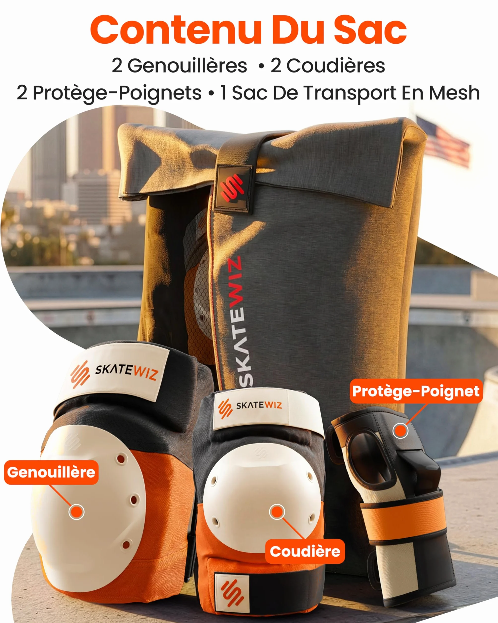SKATEWIZ Équipement de Protection Patineur Professionnel 6 pièces Manches Néoprène
