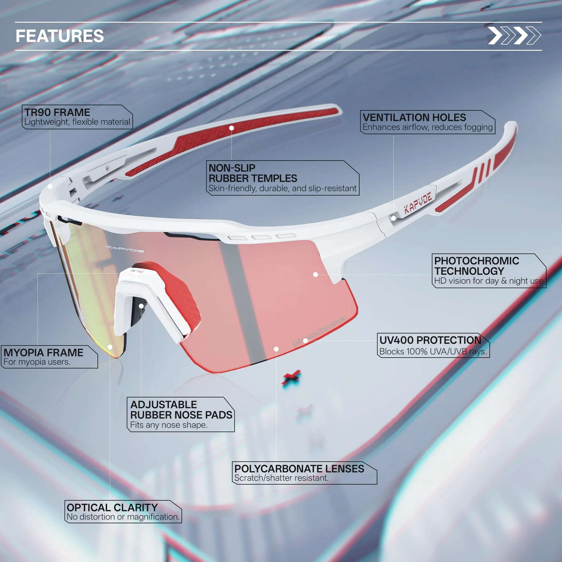 KAPVOE Lunettes Vélo Photochromiques UV400 Protection Cyclisme VTT Sport K75