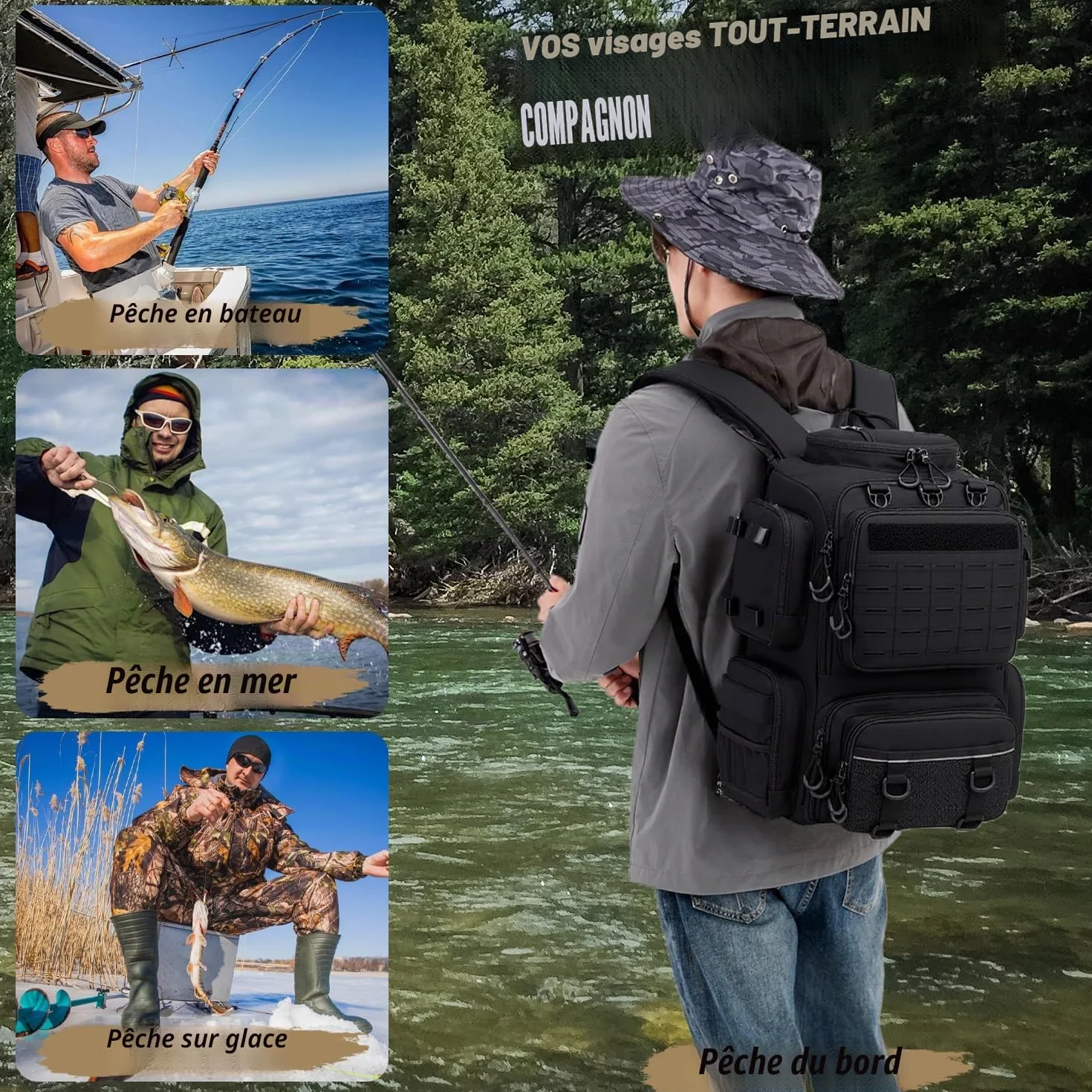 Sac à Dos de Pêche 50L avec Supports de Canne et Compartiment Réfrigéré Résistant à l'eau Noir