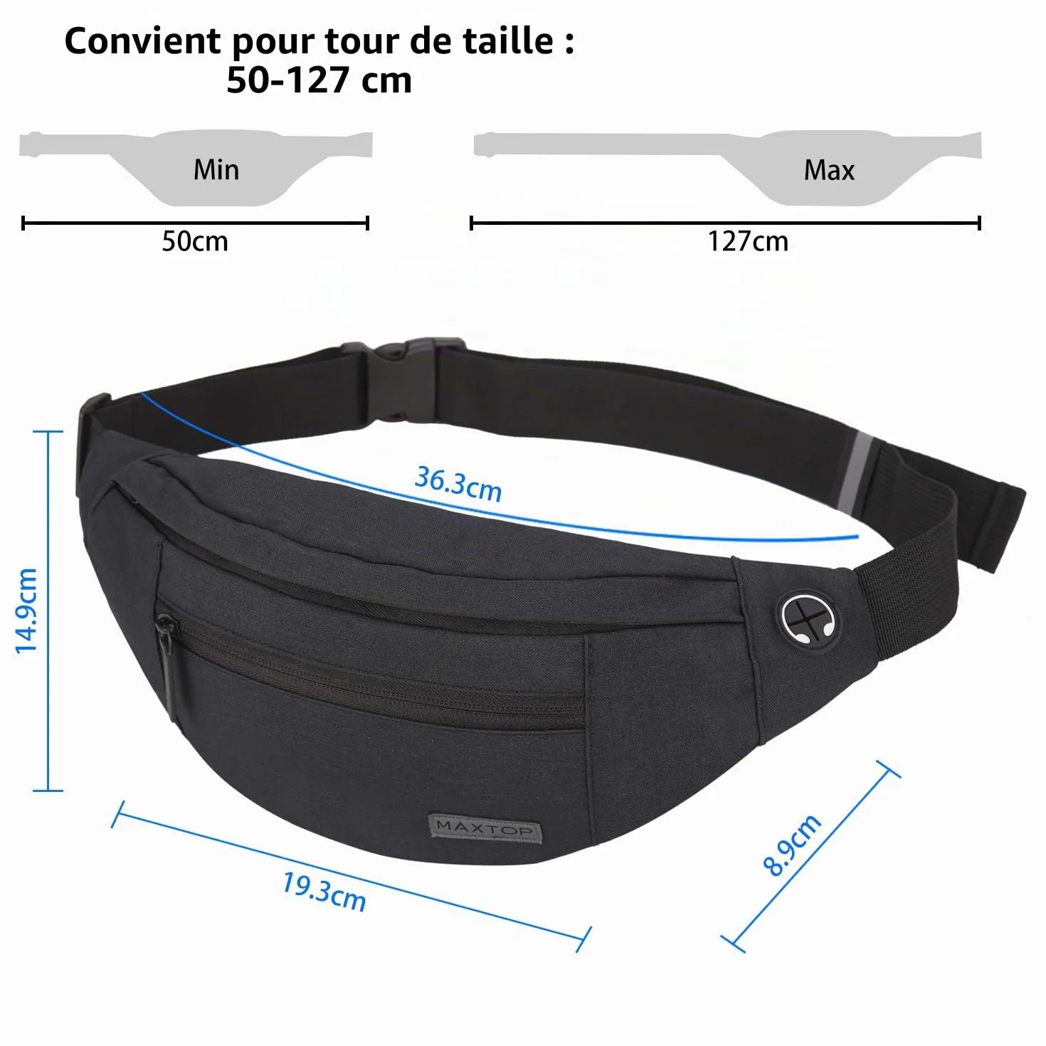 MAXTOP Grand Sac Banane pour Femme et Homme, Sac Banane avec Prise Casque et 4 Poches zippées, Ceinture réglable pour Le Cyclisme, la Course, Le Jogging, Les Voyages, l'extérieur