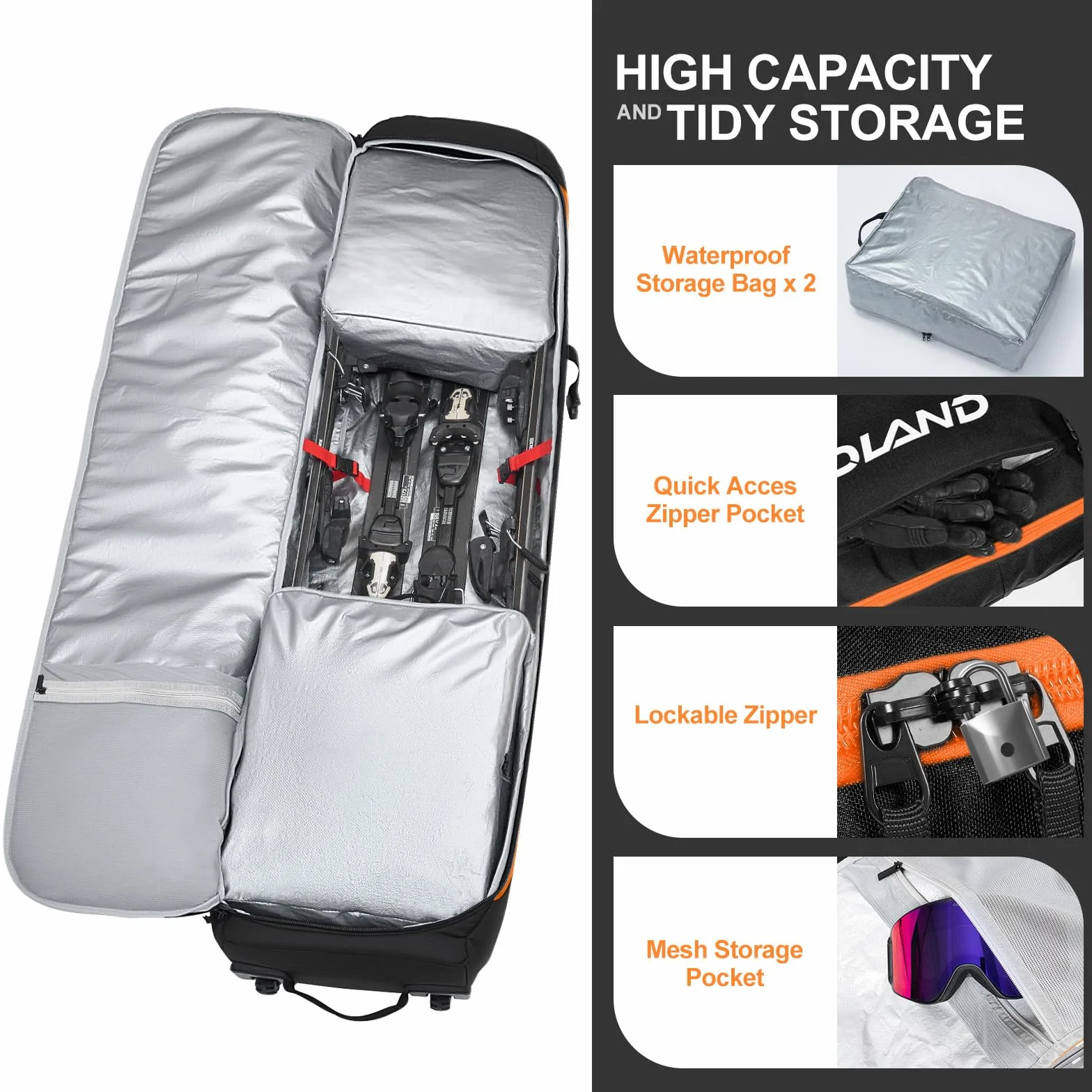 Odoland Housse à Skis Roulant 170/190 cm Sac à roulettes pour Snowboard Tissu Oxford 900D Imperméable