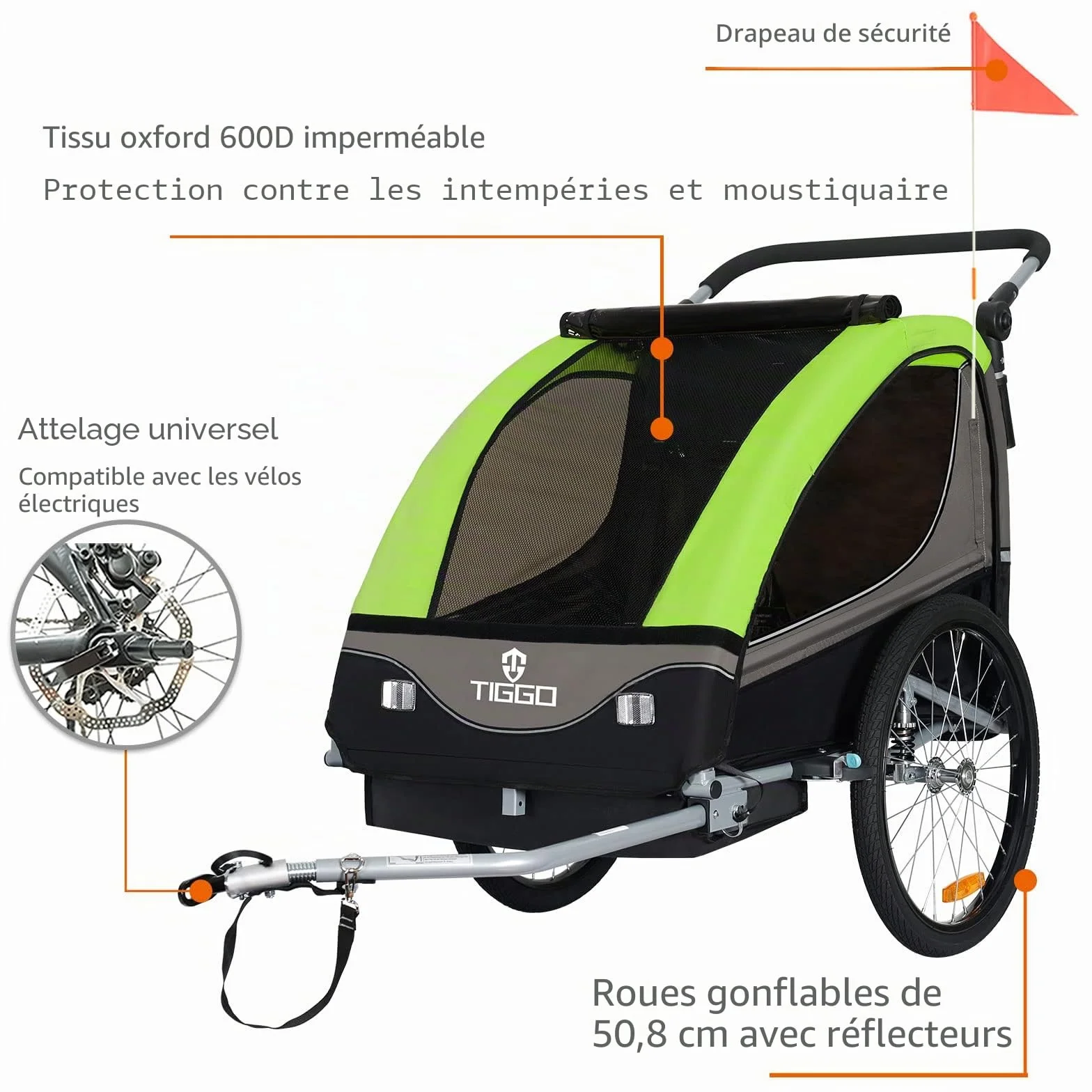 Tiggo S2 Remorque pour Enfants 2 en 1 Velo Suspension 5 Points Ceinture de securite 360° Roue Jogger Poussette