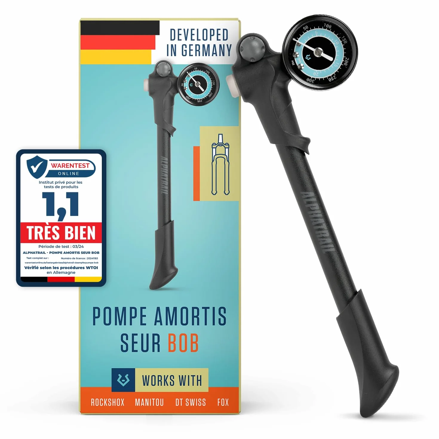 Alphatrail Pompe Haute Pression Amortisseur 300 PSI 20,7 Bar Valve 2 étages Manomètre Ø40mm pour RockShox Fox