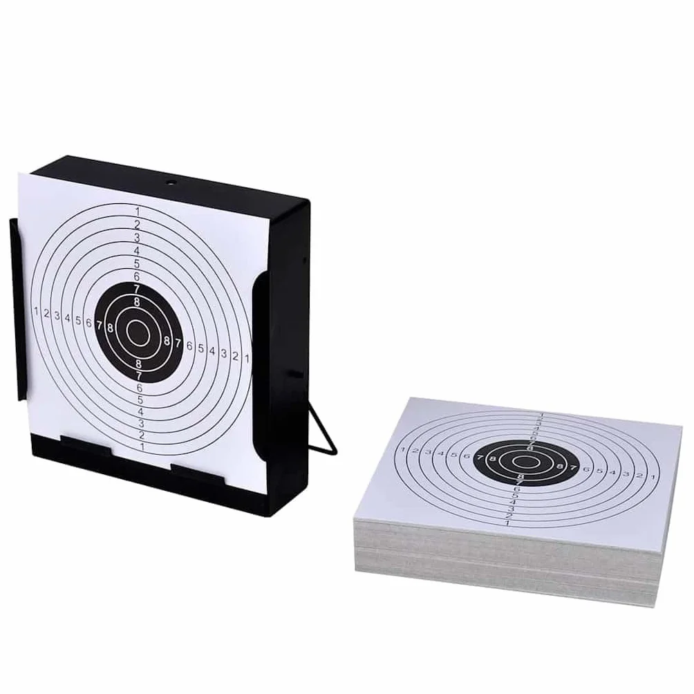 Porte-Cible Carré avec Piège à Plombs 100 Cibles Papier 14 cm