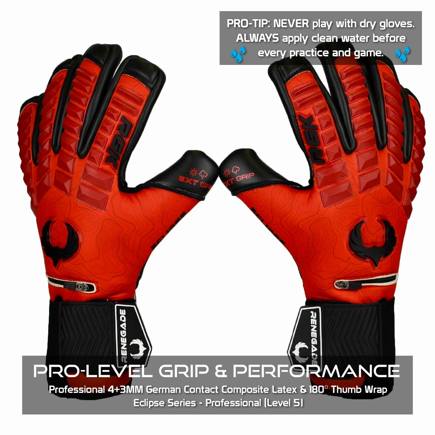 Renegade GK Gants de Gardien de But Eclipse Professional avec Microbe-Guard (Tailles 7-12, 6 Modes) Fingersaves & 4+3MM EXT Contact Grip | Adhérence Maximale Et Protection | Adulte, Jeunes