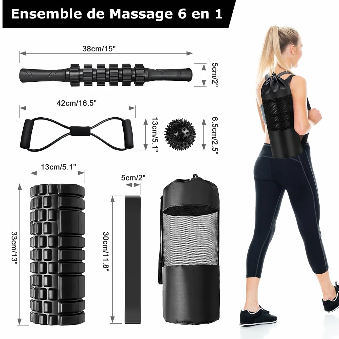 Qveetry Rouleau de Massage Mousse avec Bâton Musculaire, Balles, Bandes de Résistance