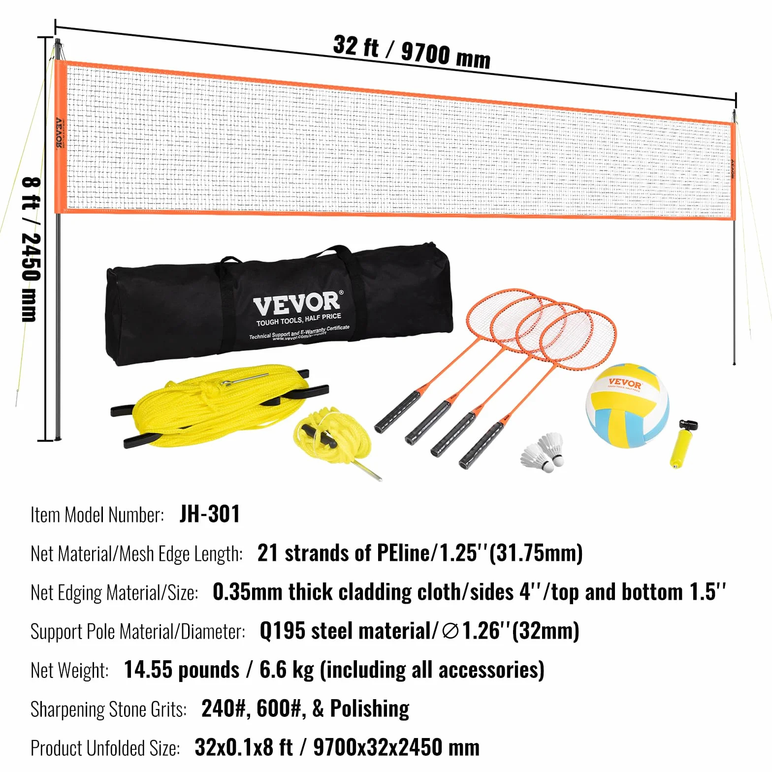 VEVOR Ensemble de Volley-Ball et Badminton, Filet Portable d'Extérieur, Poteaux en Acier Hauteur Réglable, pour Pelouse Plage Jardin