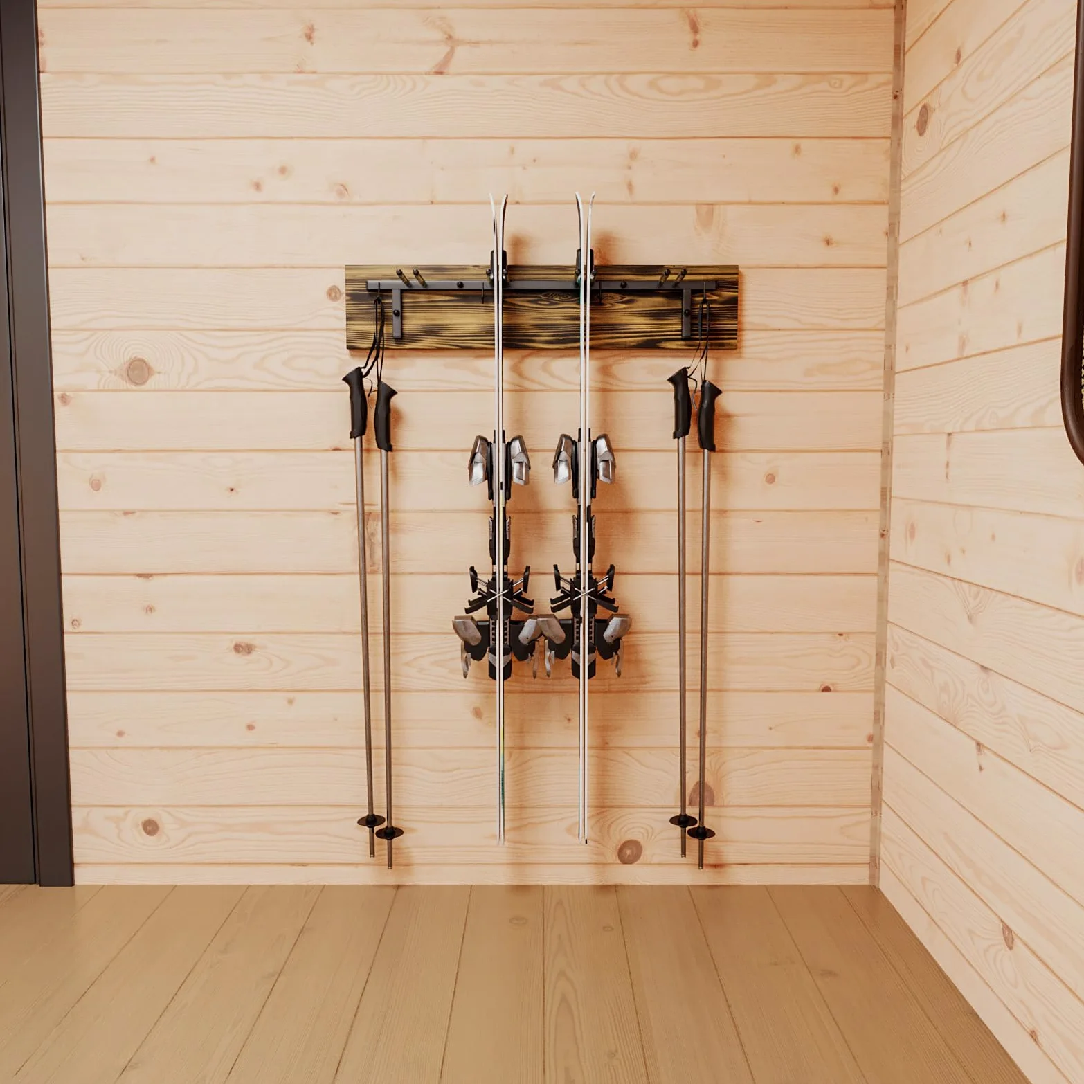 QLS Support mural pour skis S3 pour 4 paires de 83 cm en acier et bois avec crochets en bois pour bâtons de marche nordique, randonnée et ski