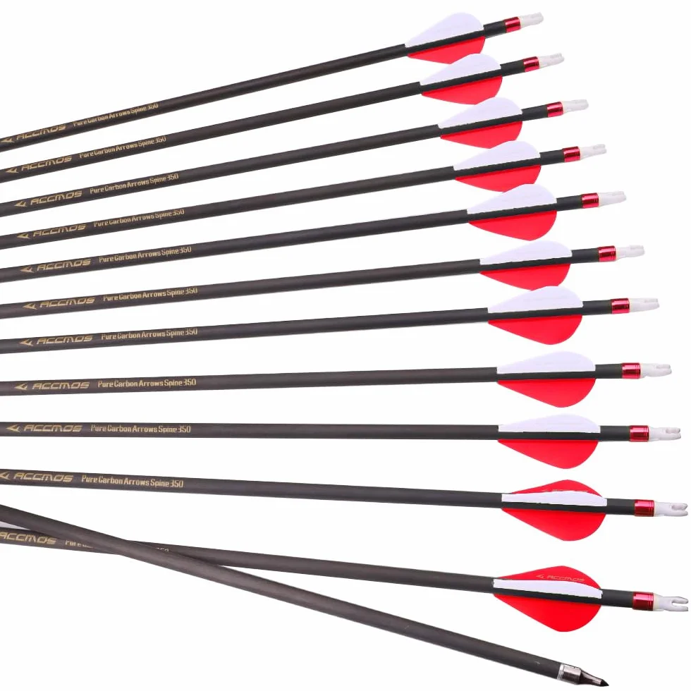 Flèches en Carbone Longueur Personnalisée 300-800 Spine Pointe Amovible 2" Plume Plastique pour Arc Recurve Arc à Poulies Tir à l’Arc
