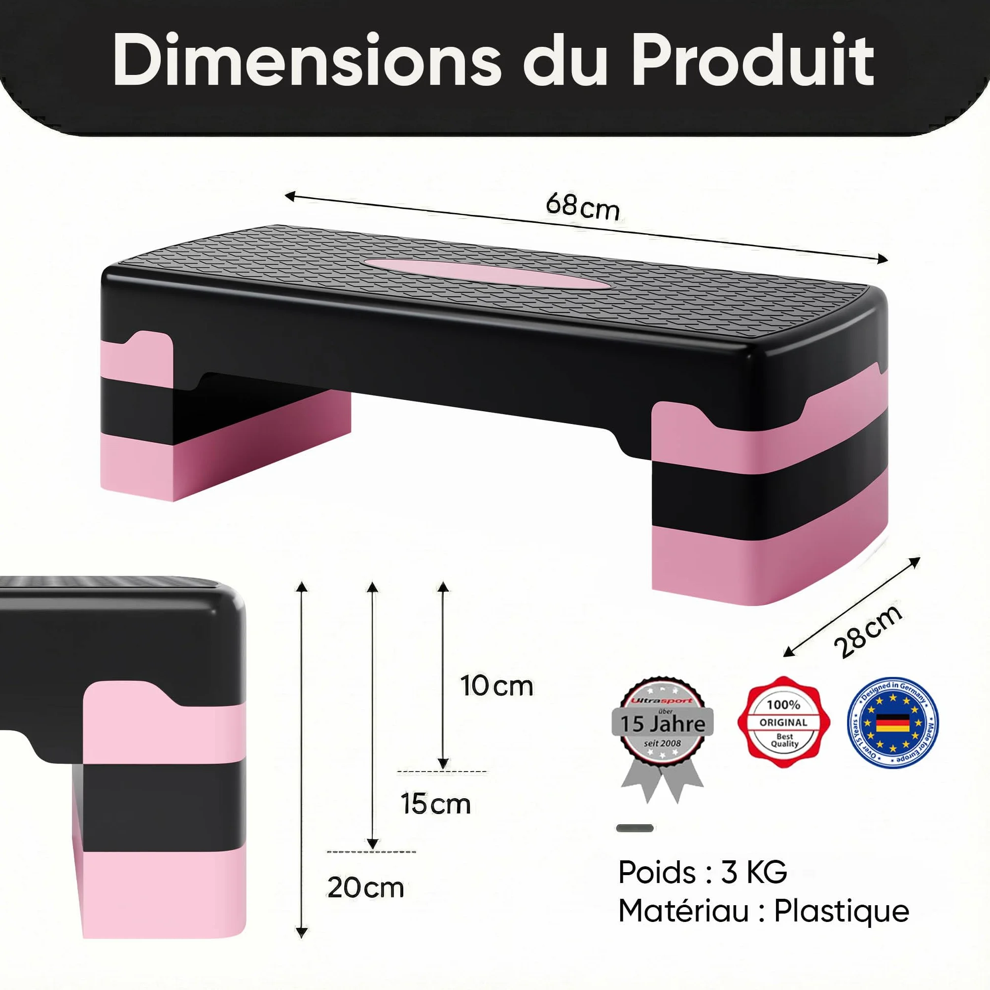 Ultrasport Step Aérobic Antidérapant Réglable 3 Niveaux Stepper Fitness 68 x 28 cm Rose