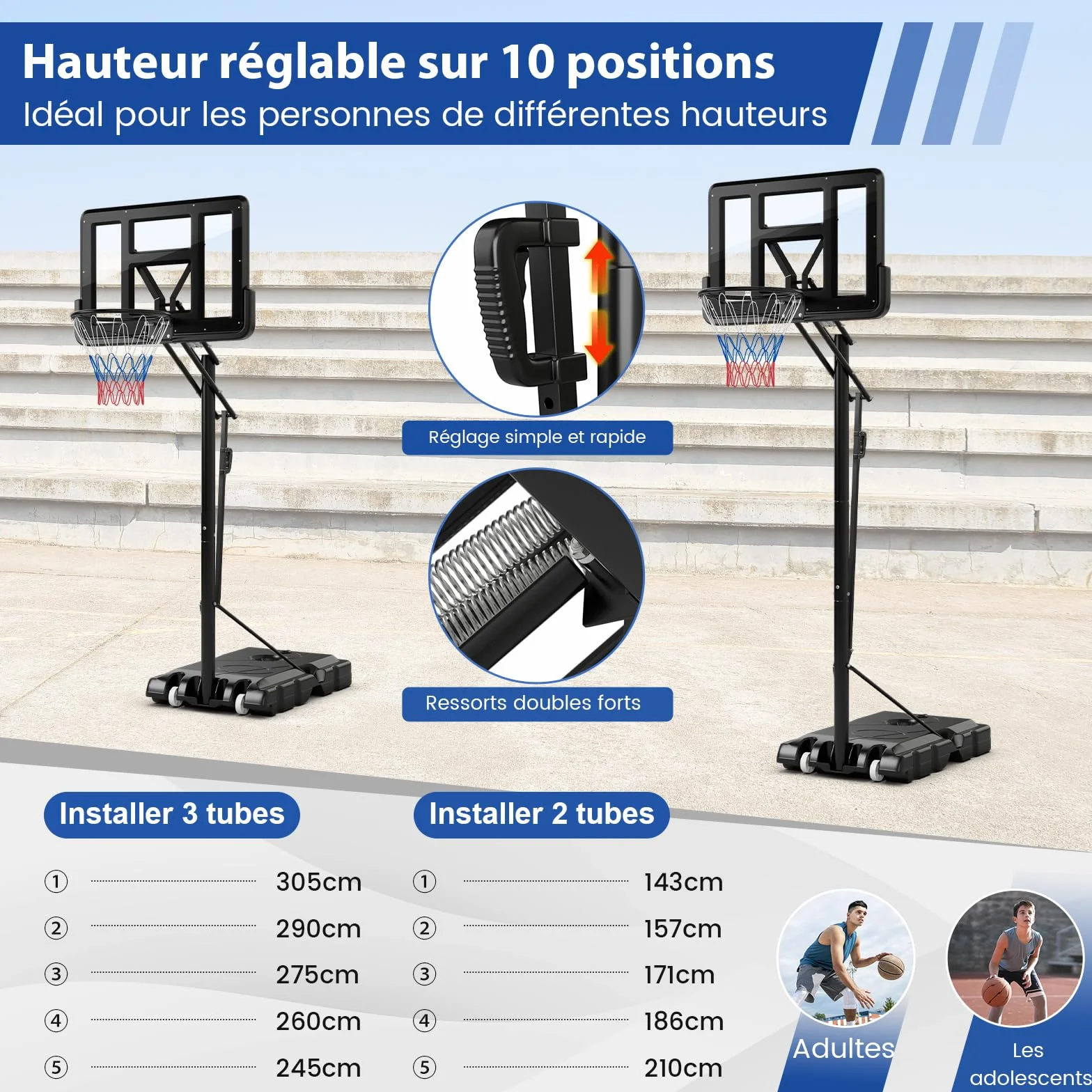 COSTWAY Panier de Basket-Ball Hauteur Réglable 145-305cm, Support Portable à Roulettes avec Base Remplissable, Panneau Arrière 111cm