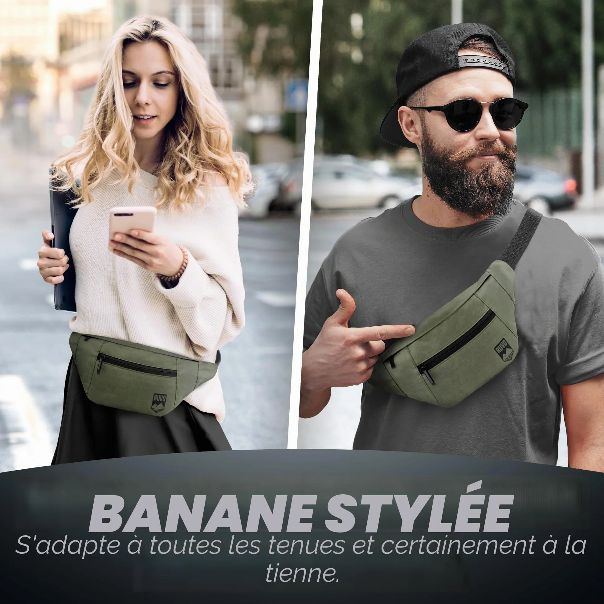 RUVO® sac banane élégant - 4 compartiments, fermeture éclair - rangement maximal pour toutes les activités, Olive, taille unique