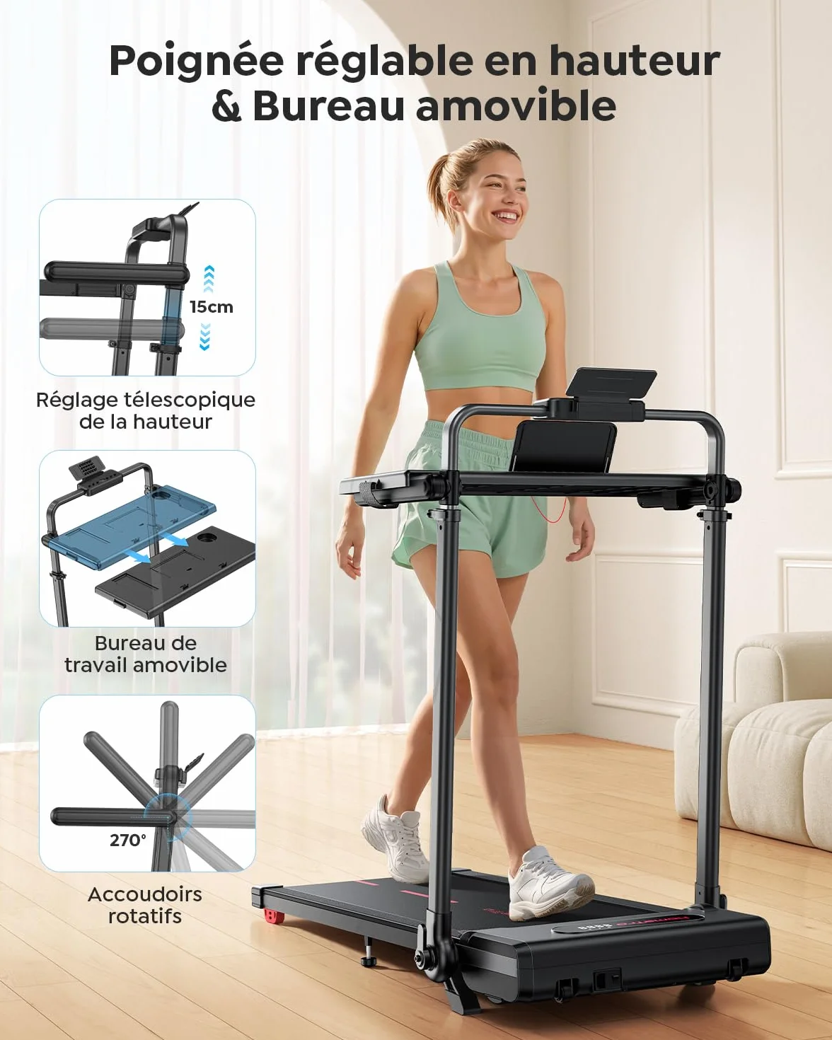 Tapis de Course Pliable Inclinable 7% avec Barres de Soutien, 1-12 km/h, Moteur Silencieux, 120kg
