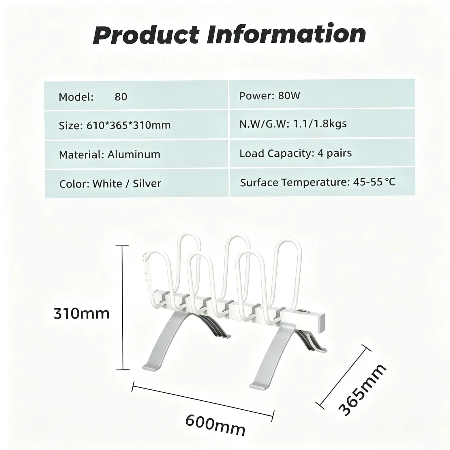 Sèche-chaussures Électrique En Aluminium 80 W, Autoportant, Pour 4 Paires De Bottes, Avec Fonction Chauffante, Déshumidification Et Chauffage. Interrupteur Étanche, Température Constante,