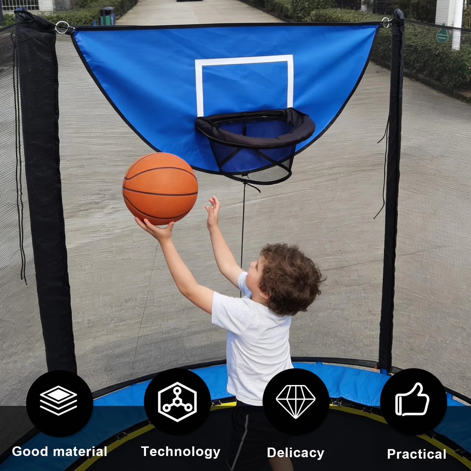 Panier de basket pour trampoline avec 4 mini ballons et pompe, support universel avec protection solaire - Bleu
