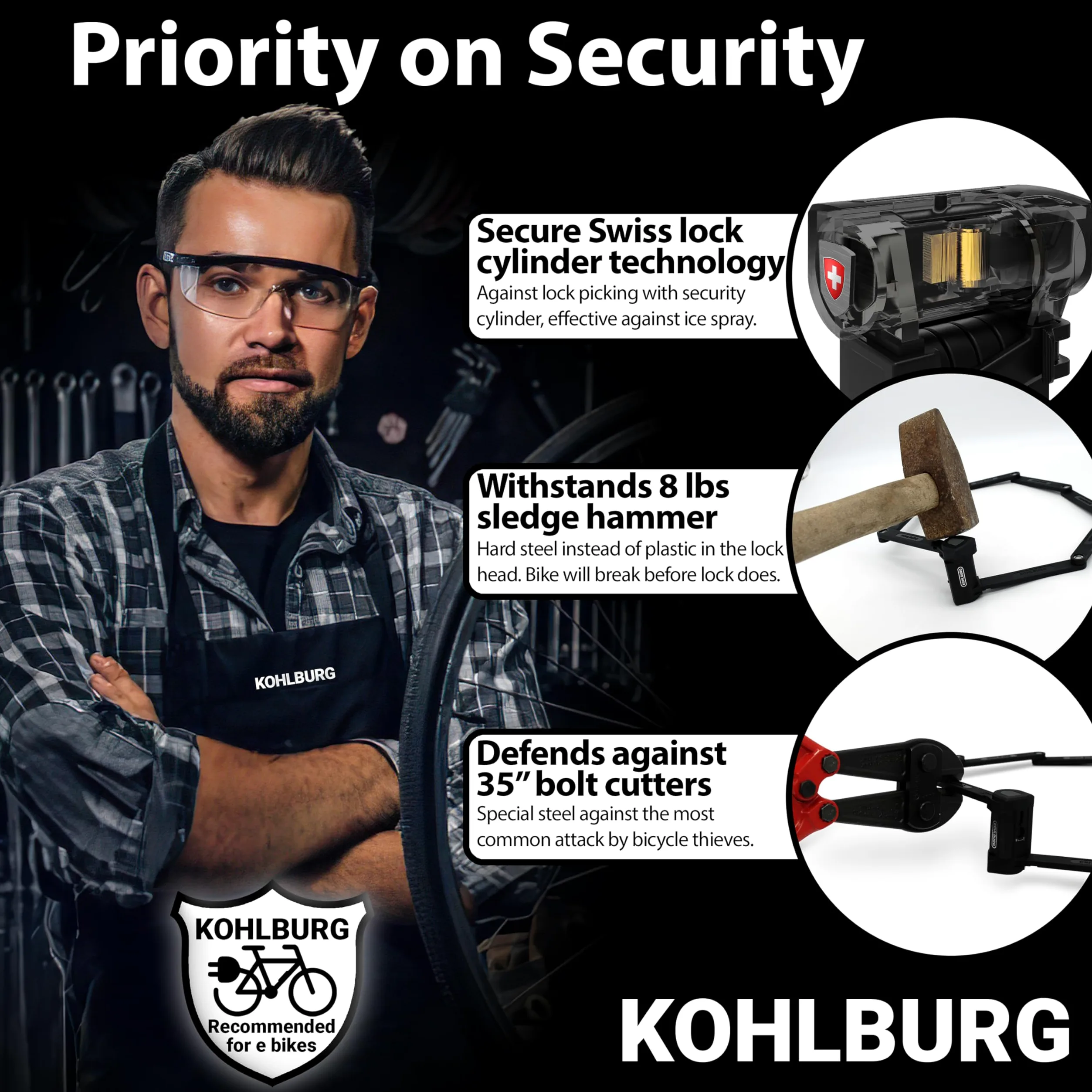 KOHLBURG Antivol pliable pour vélo - 108 cm - Sans danger pour coupe-boulons - Avec support | Antivol pliable pour vélo avec 3 clés - Antivol pour vélo électrique - Haute sécurité - Serrure pour vélo électrique et vélo