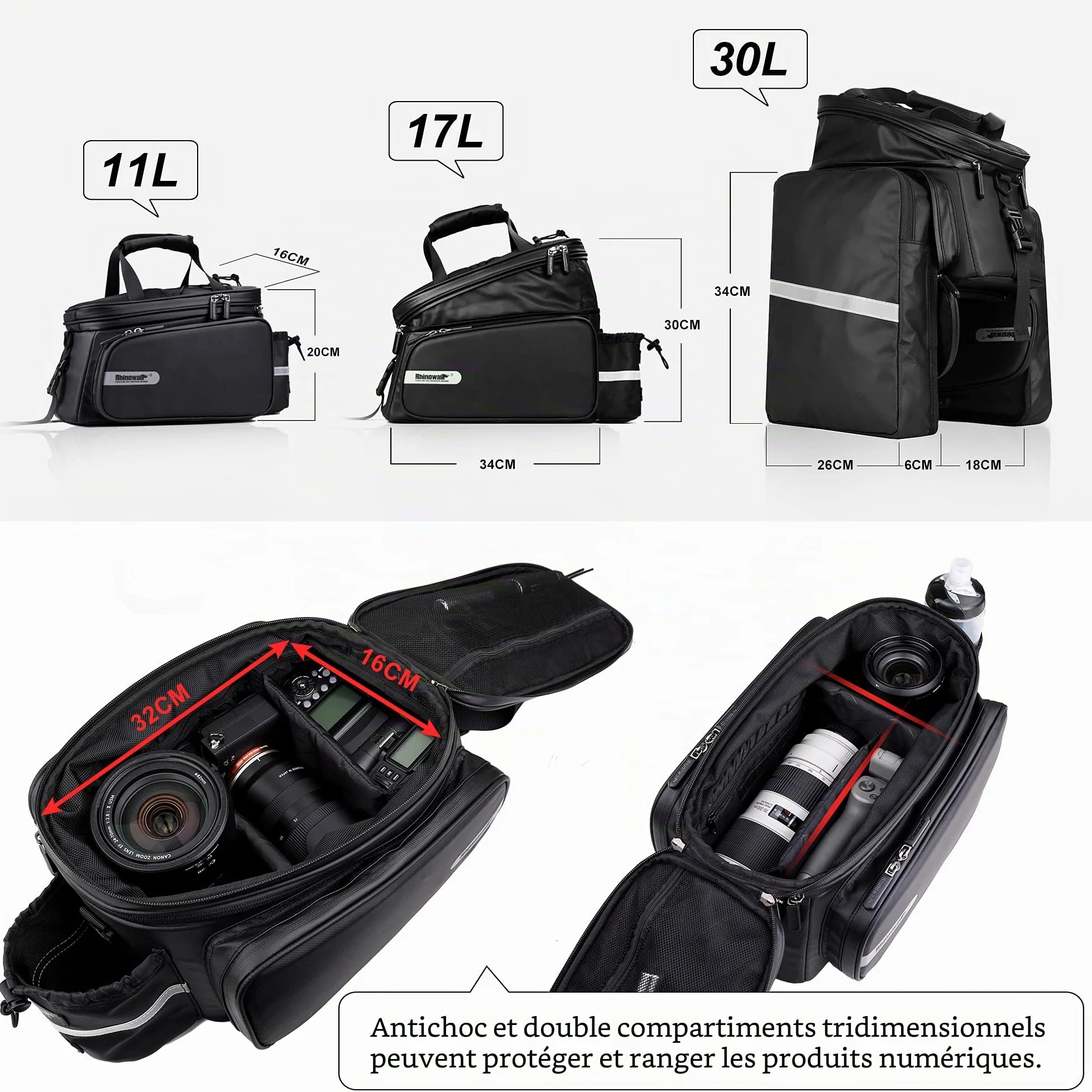 BAIGIO Sacoche Velo Porte Bagage Arriere Étanche 10-30L Grande Capacité Sacoche Vélo Arriere 3 en 1 avec Housse de Pluie pour Vélo/VTT