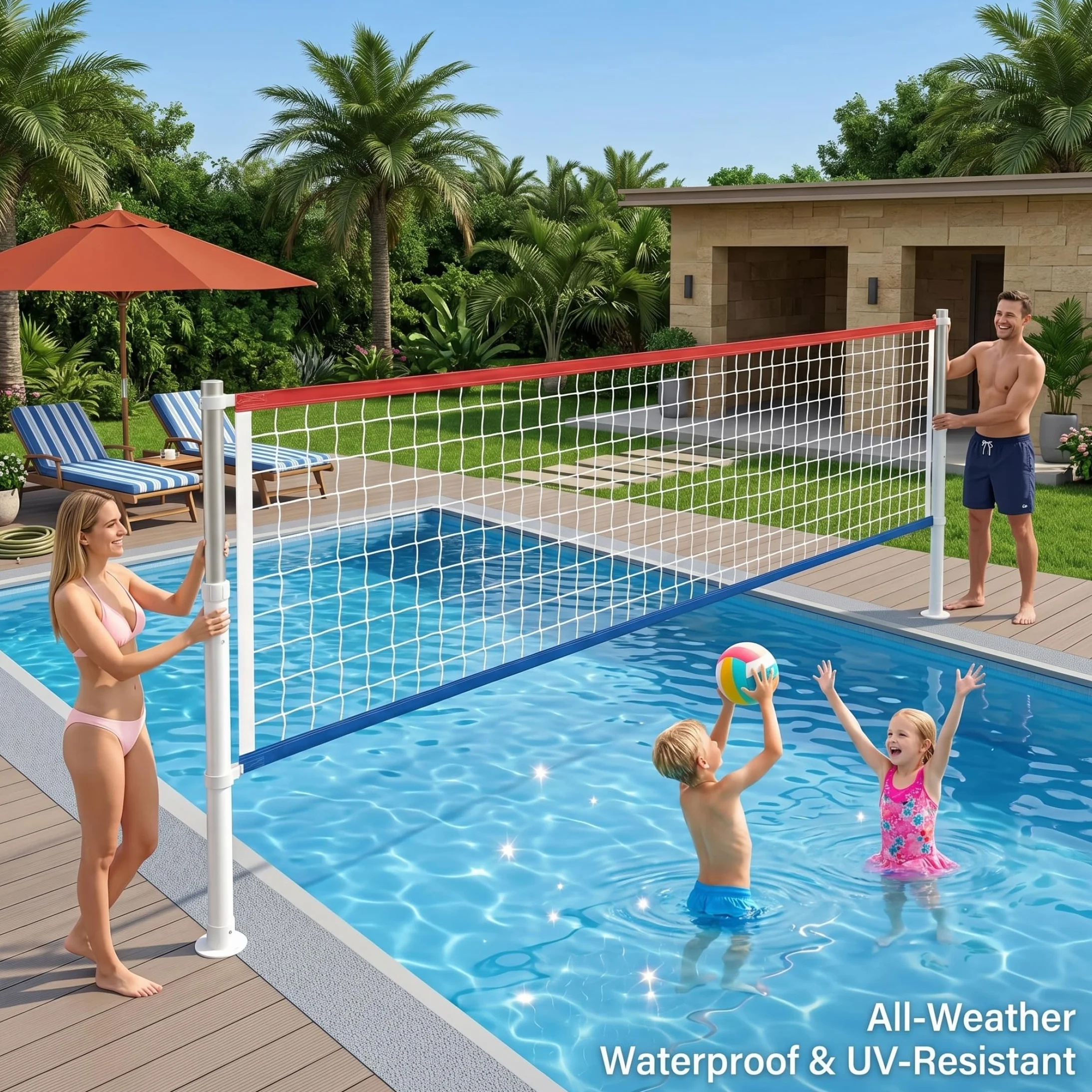 Filet de Volley-Ball pour Piscine réglable 15 à 28 Pieds, imperméable Toutes Saisons, Cadre Ultra-épais