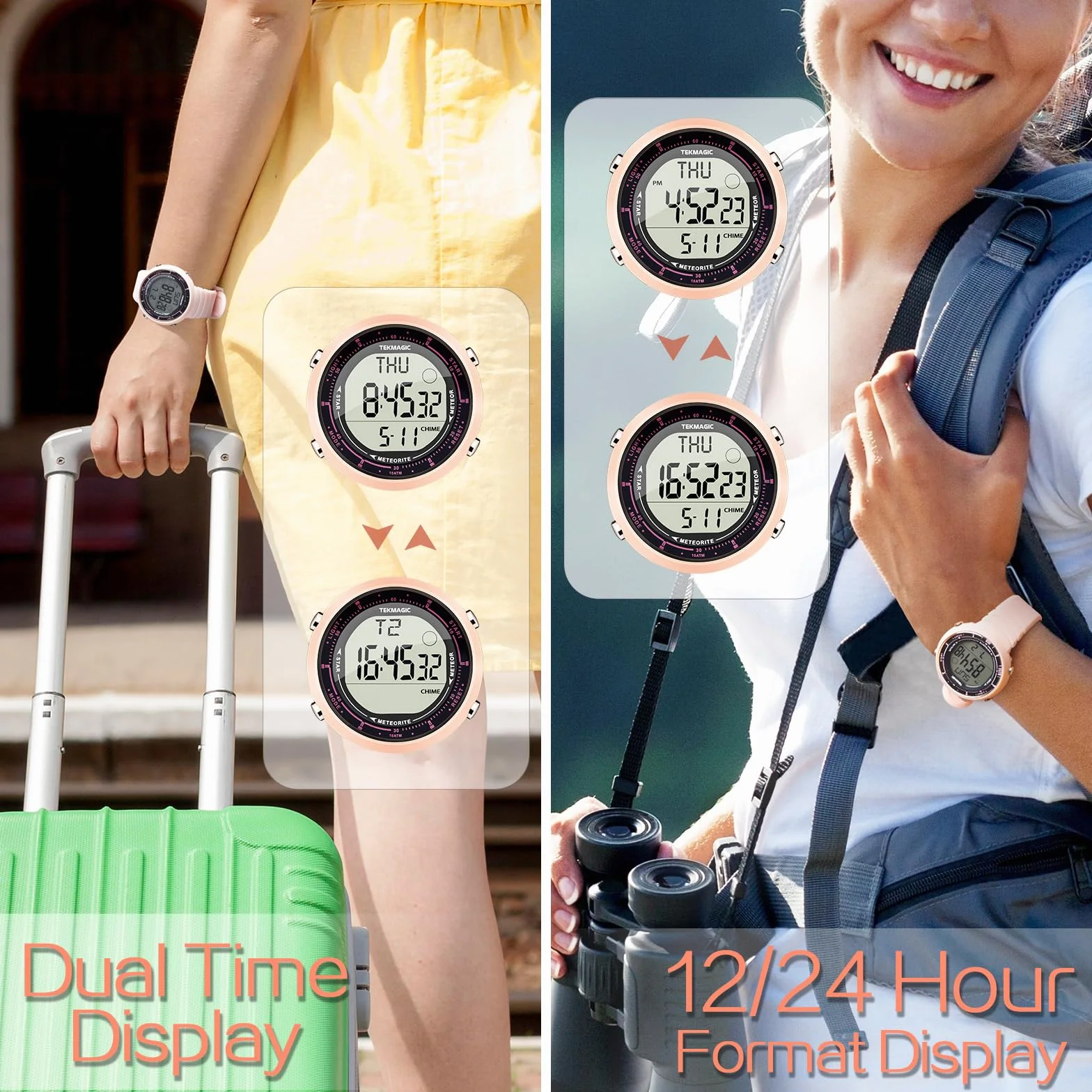 Montre Sport Femme 10 ATM Etanche Réveil Chronomètre Compte à Rebours Double Fuseau Horaire Bande Silicone