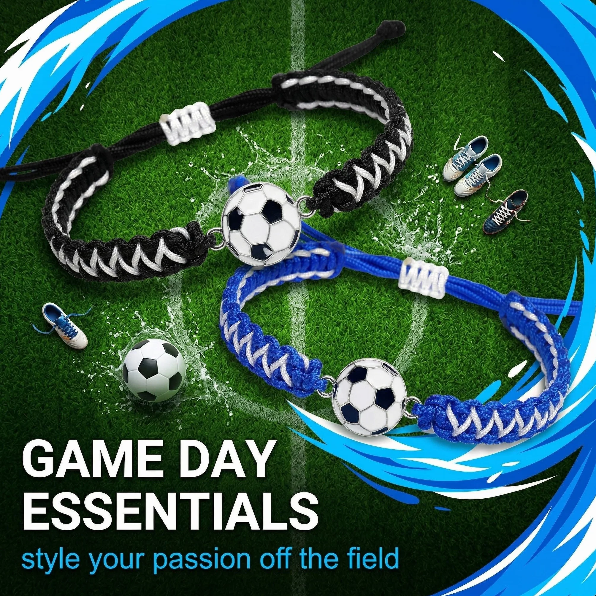 Bracelets Football Tressés pour Garçon Lot de 2 Ajustable 14-28cm Noir/Blanc Bleu/Blanc