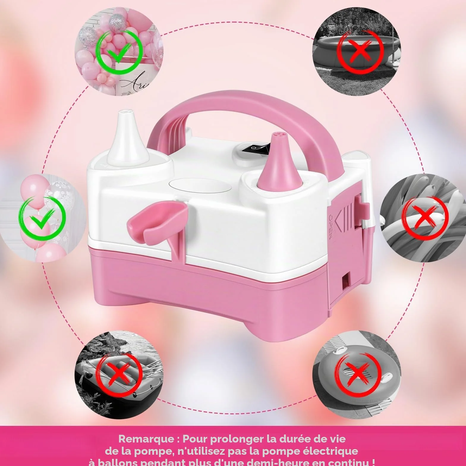 HELESIN Pompe à Ballons Électrique, Gonfleur Ballon Portable avec 4 Accessoires, Double Buse