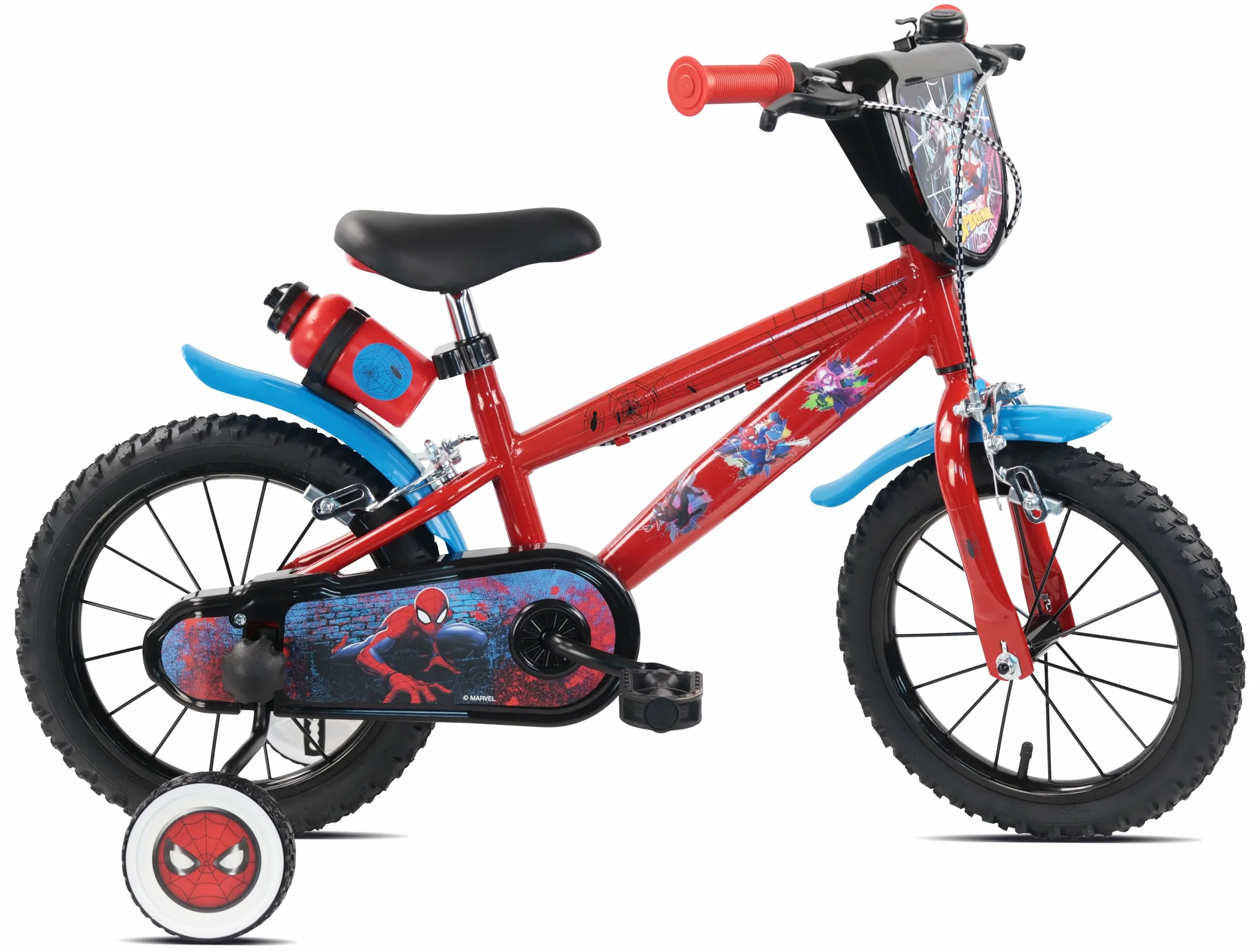 Vélo 14 Pouces Spiderman avec Freins, Roues à Rayons, Pneus Gonflables, Stabilisateurs et LEDs