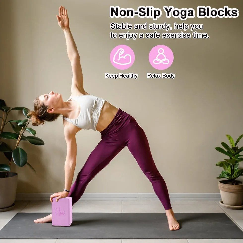 Lot de 2 blocs de yoga et 2 sangles de yoga - Blocs de mousse EVA antidérapants - Accessoire de yoga sans latex