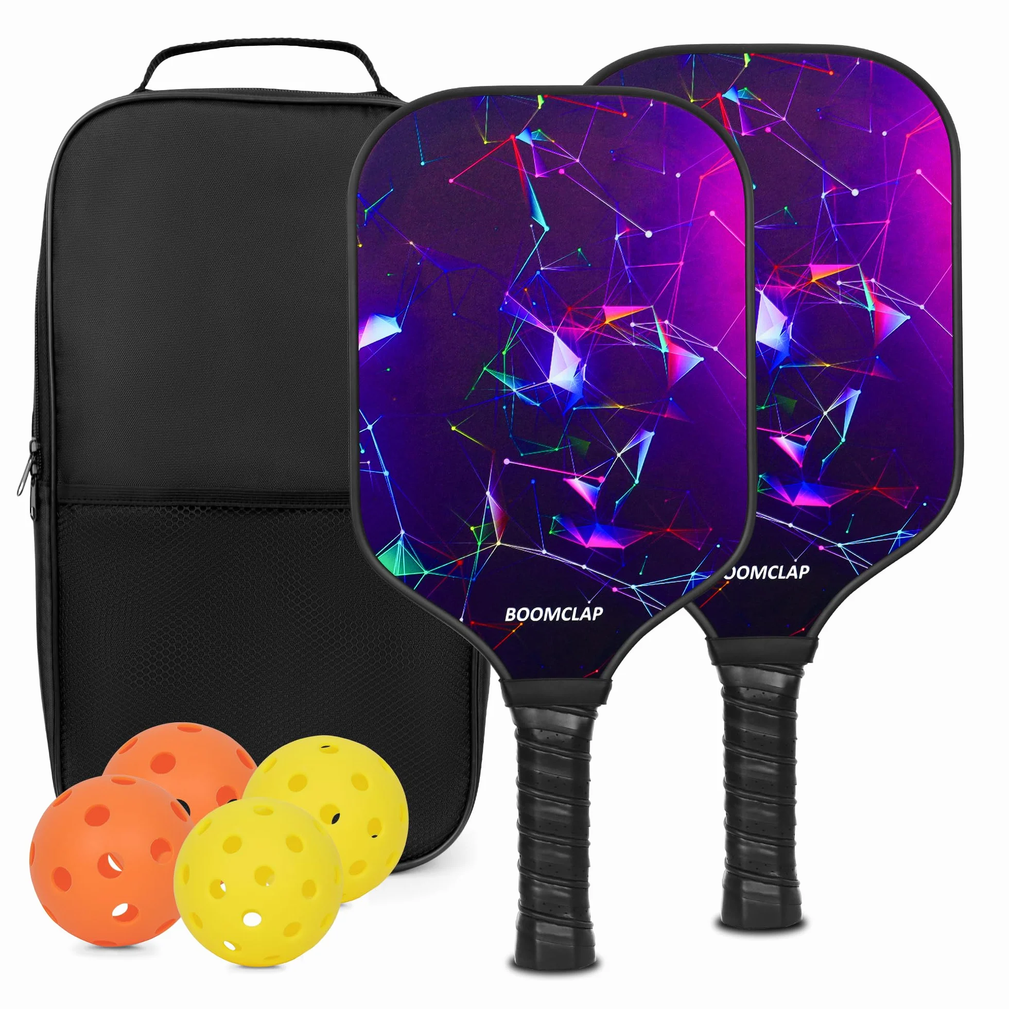 Boîte de 2 raquettes de pickleball en fibre de verre avec 4 balles et sac de transport violet