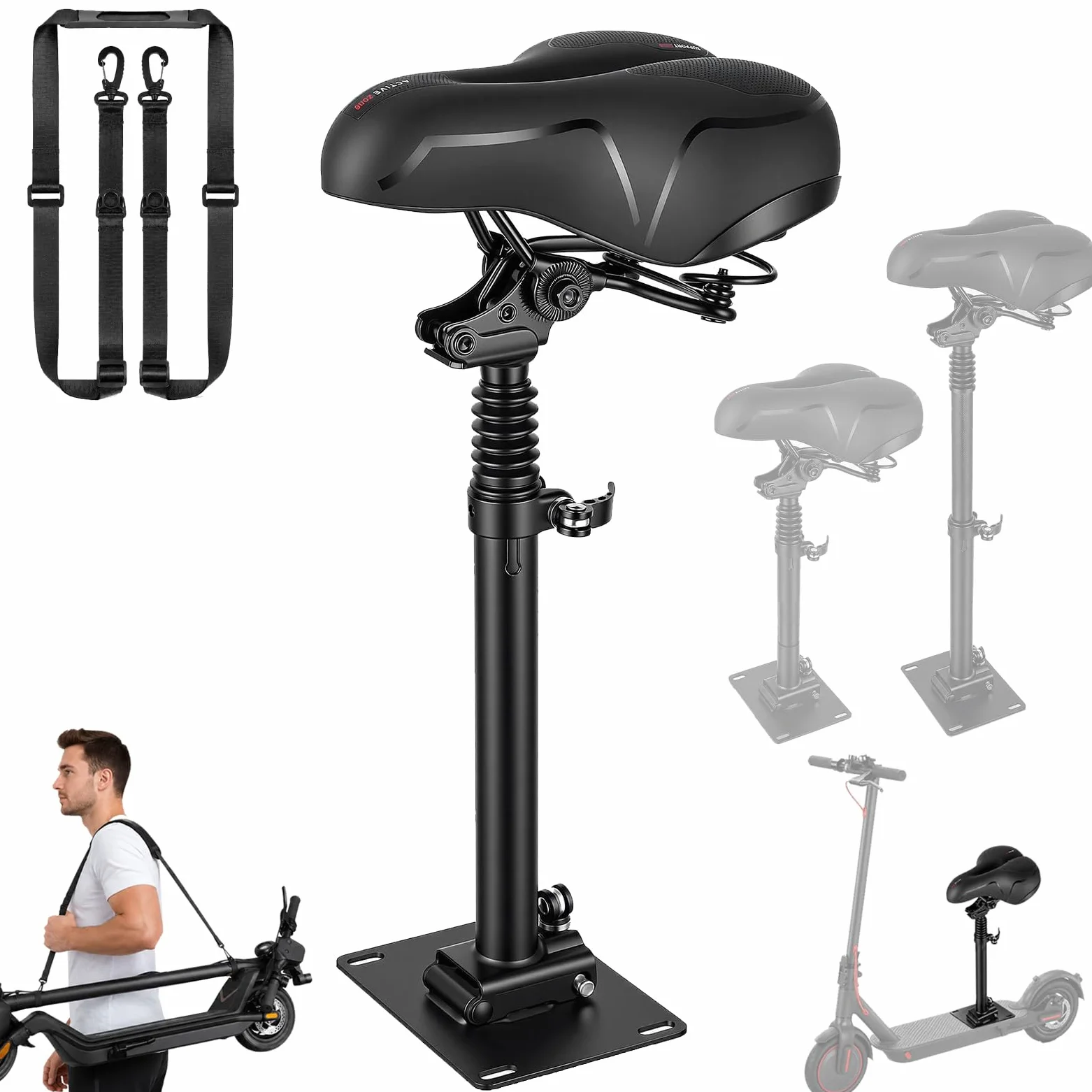 Siège Trottinette Électrique, Compatible avec Segway Ninebot F3/E3/E3Pro | Siège Pliable et Réglable en Hauteur pour Adultes Hauteur D'assise 45 à 65cm Amortisseur Portable avec Bandoulière
