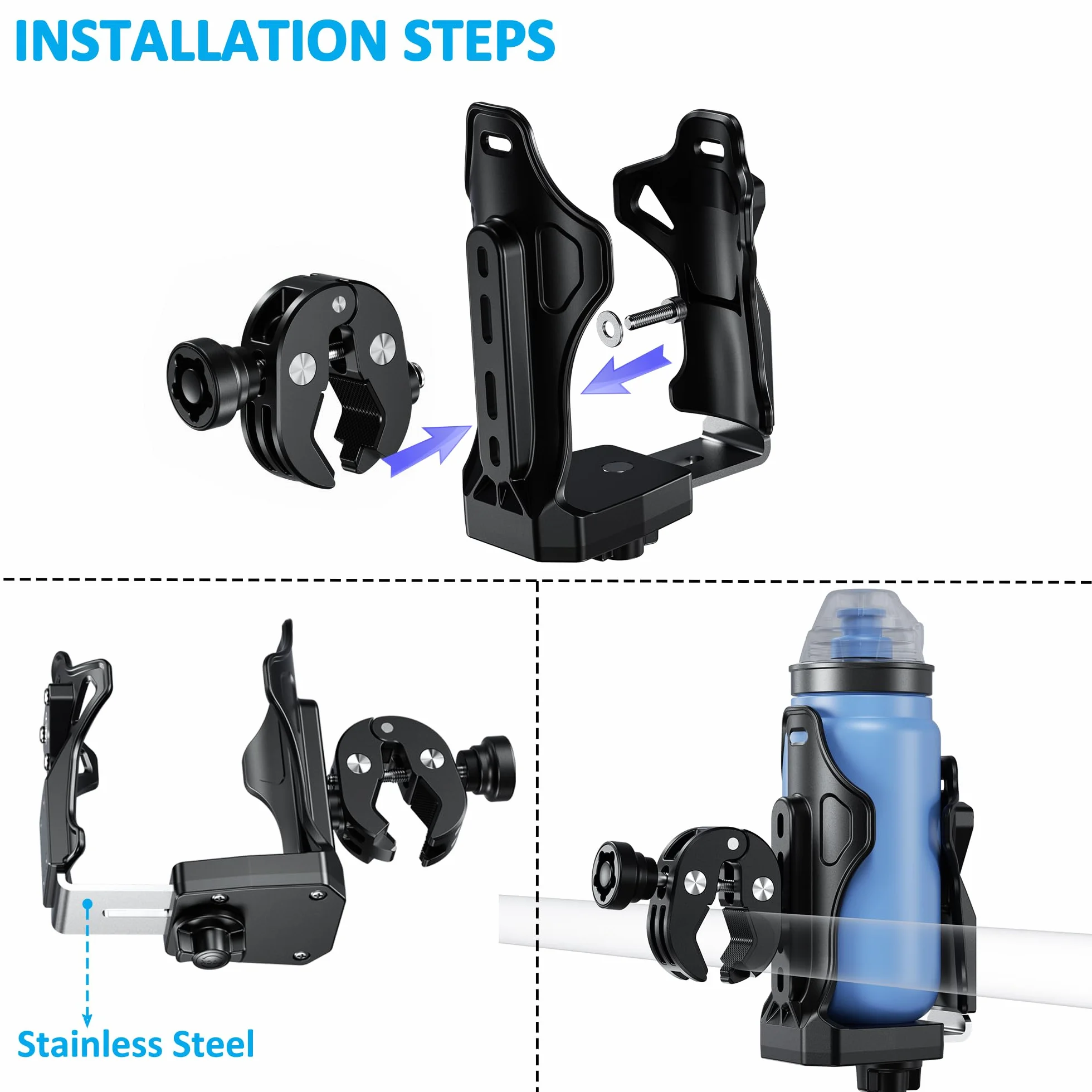 iMESTOU Porte-gobelet Antivol pour Moto ATV, Porte-Bouteille d'eau 50-90 mm, Pince Métallique 12,7-33 mm pour Vélo Scooter