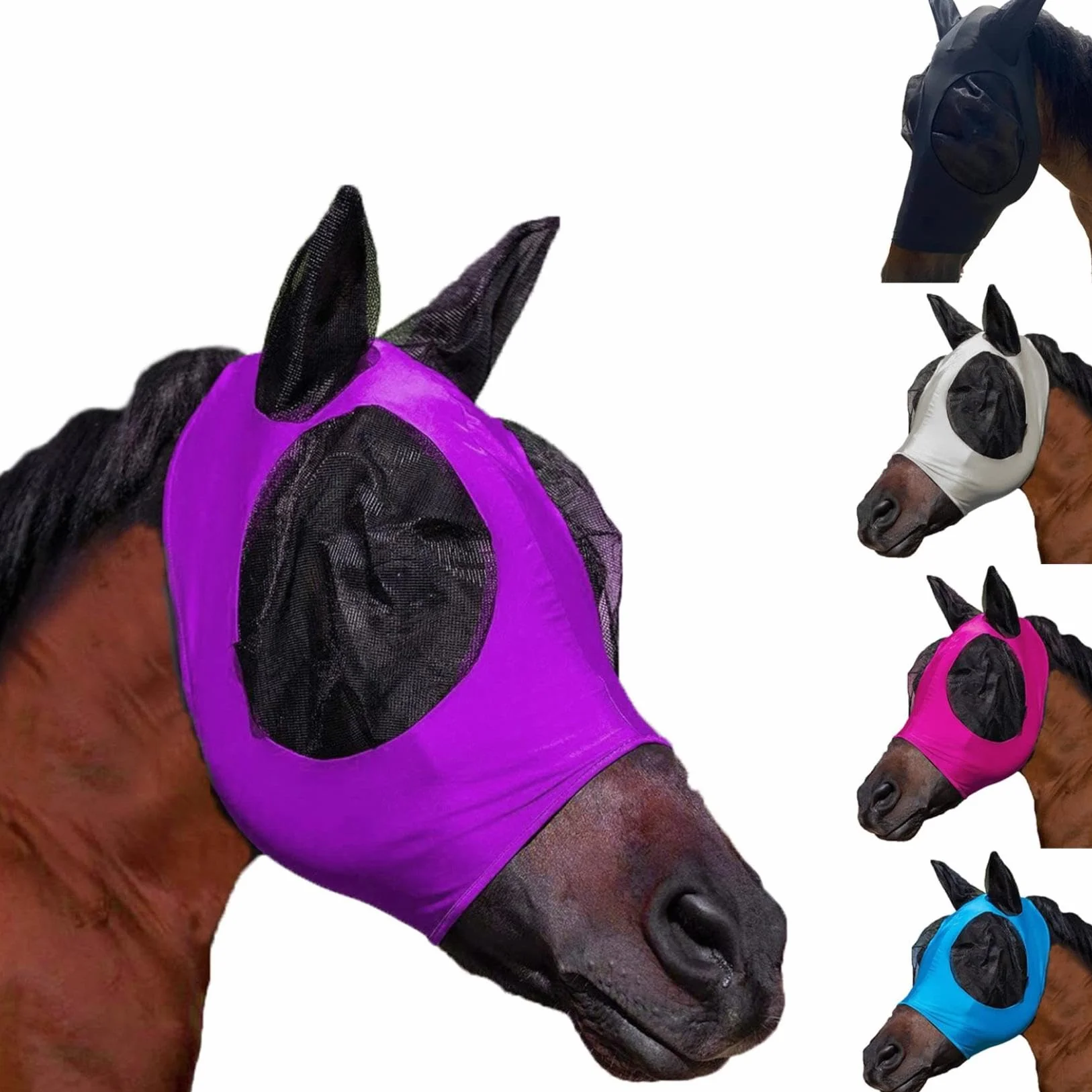 Masque anti-mouches pour chevaux avec oreilles, lycra respirante, protection UV, 3 pièces