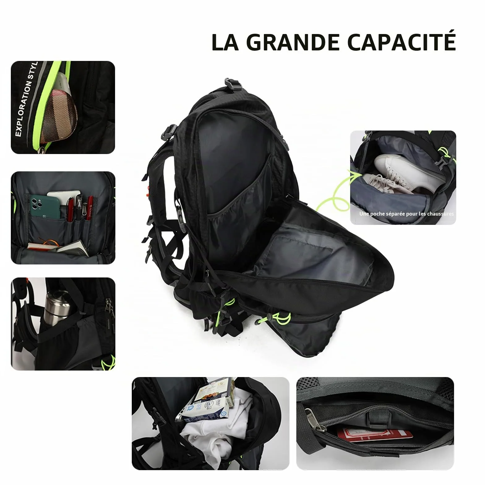 Aoking, Sac à dos de randonnée/escalade, 40L_YJN79807,50L_YJN67363, éléments standard : panneau en maille Airflow amovible, étanche, sifflet SOS, protection contre la pluie, options : poche à eau 2