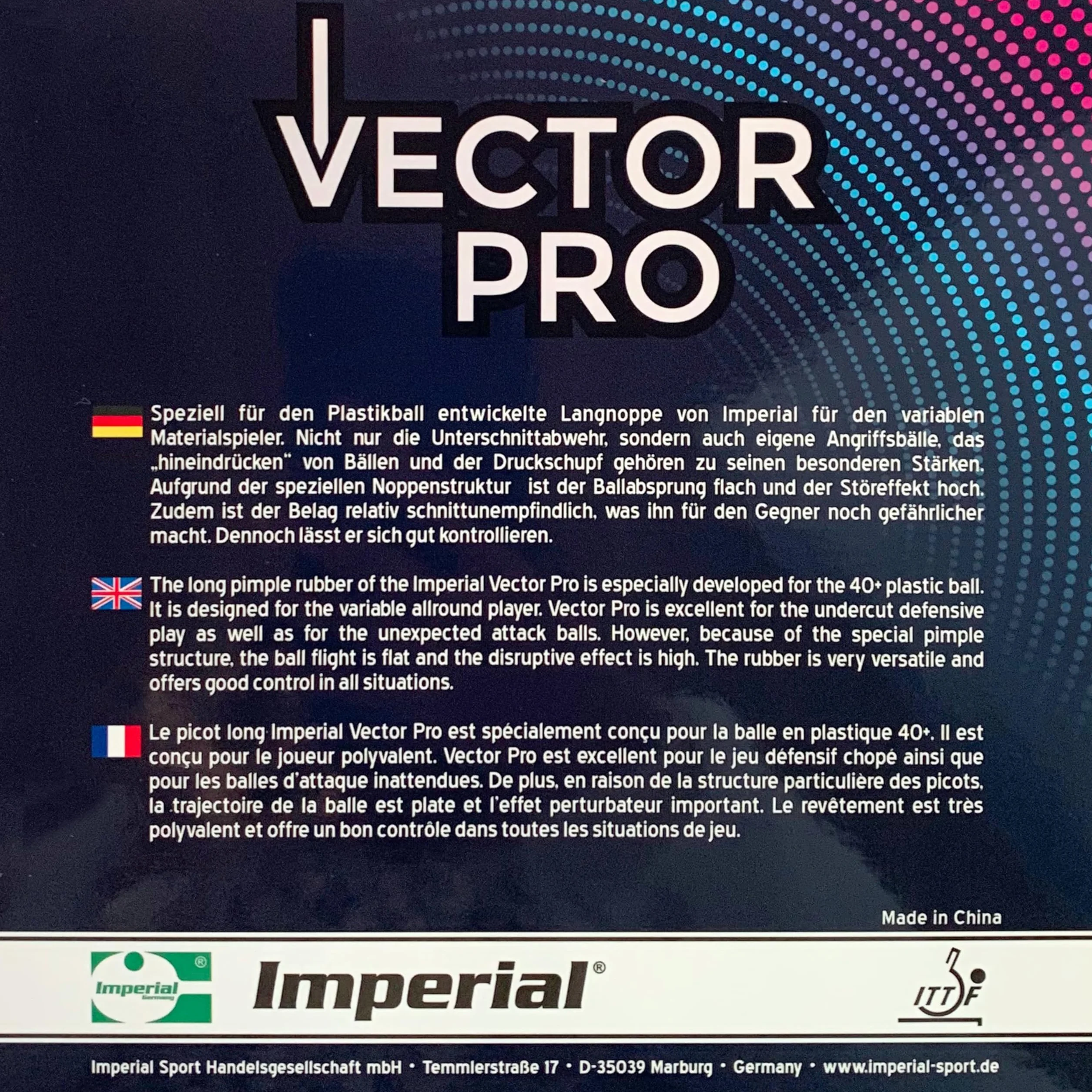 Imperial Vector Pro Revêtement Tennis Table Picots Longs Défensif Homologué ITTF