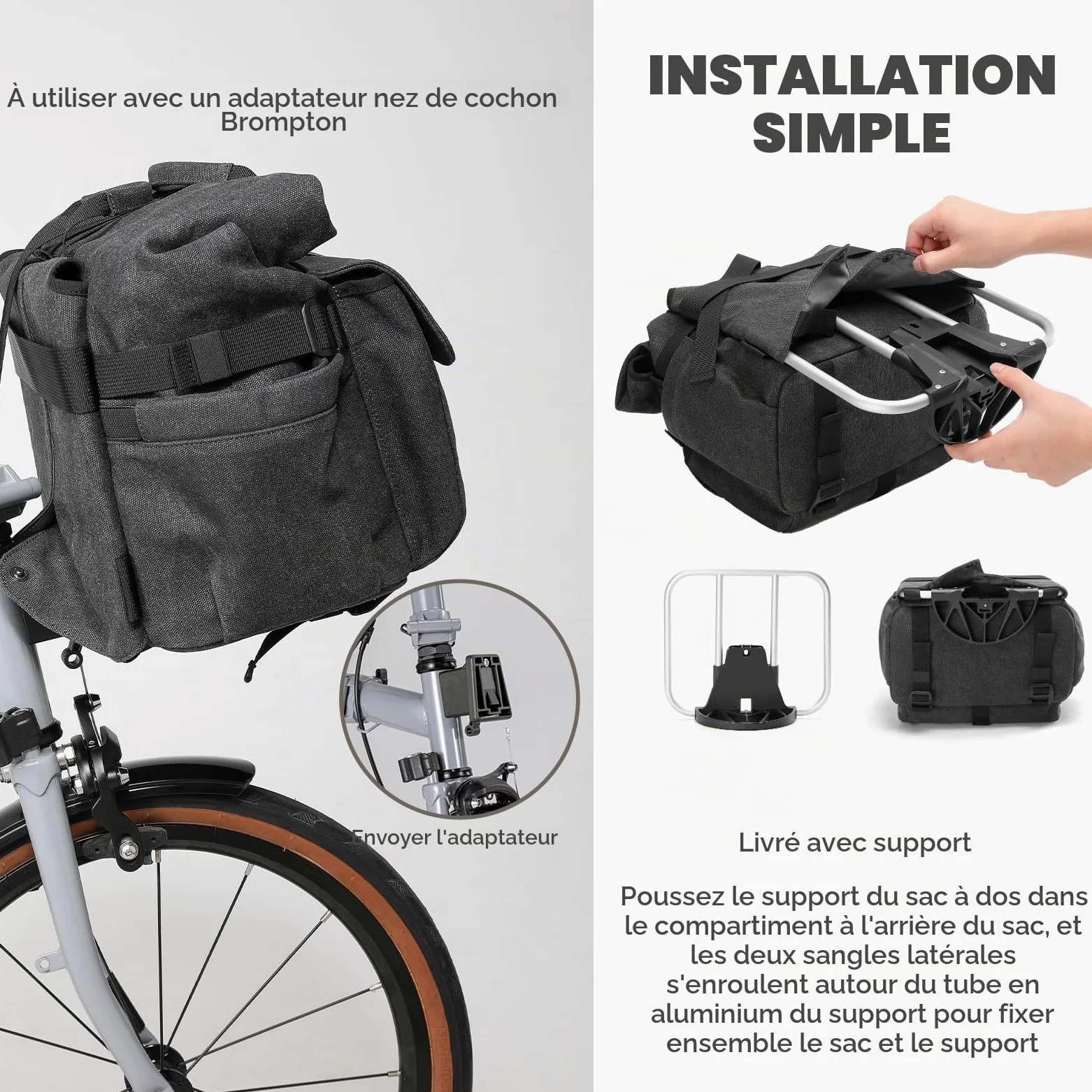 ROCKBROS Sacoche Avant pour Vélo Brompton Sacoche de Guidon pour Vélo Pliant Multifonctionnel Grande Capacité 11.5-16.8L Extérieur Ajustable Noir