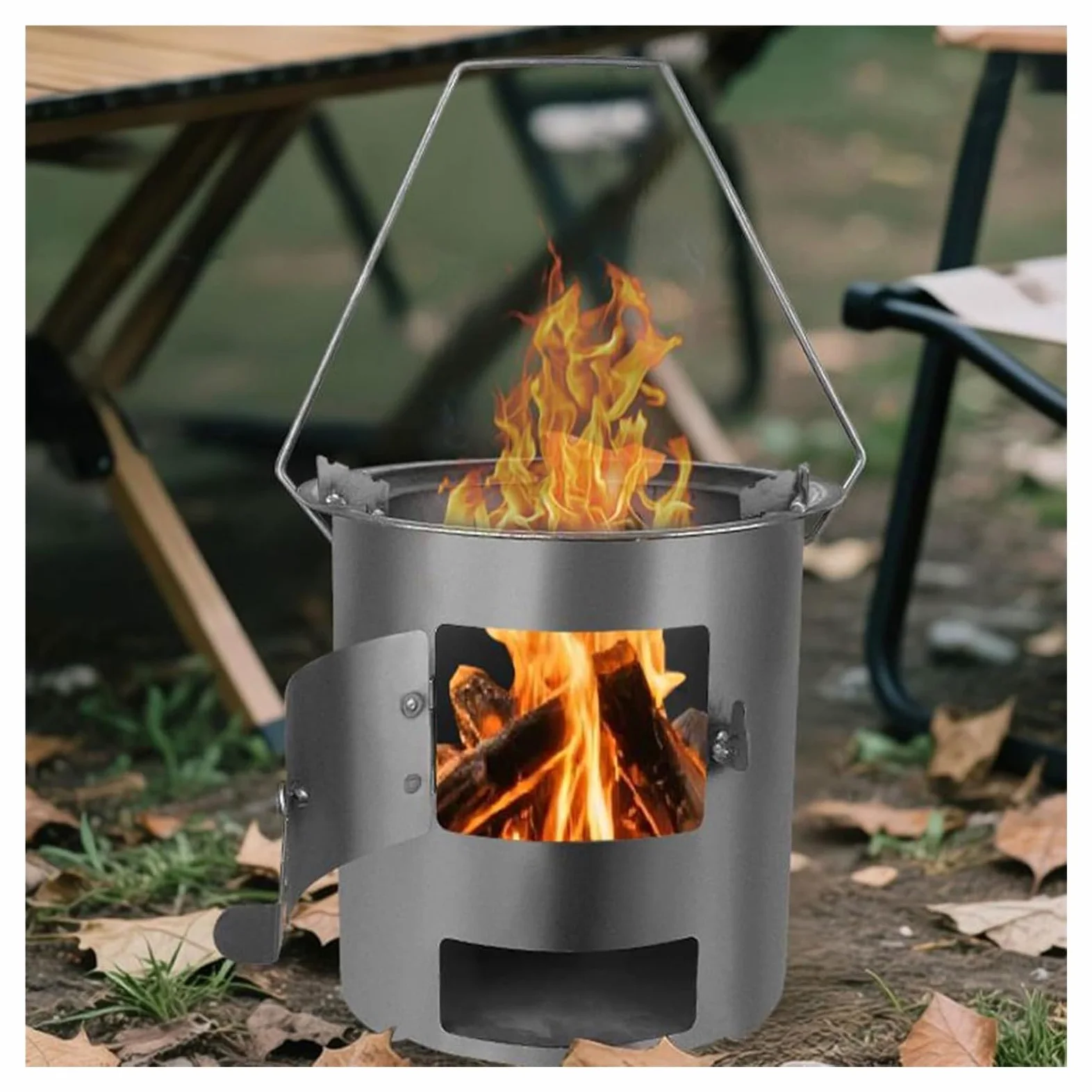 Réchaud De Tente Bois Portable Avec Grille De Cuisson Pour Le Camping | Réchaud À Fusée À Charbon De Bois Porte À Verrouillage, Réchaud De Camping Avec Poignée Multifonctionnel(2PC)
