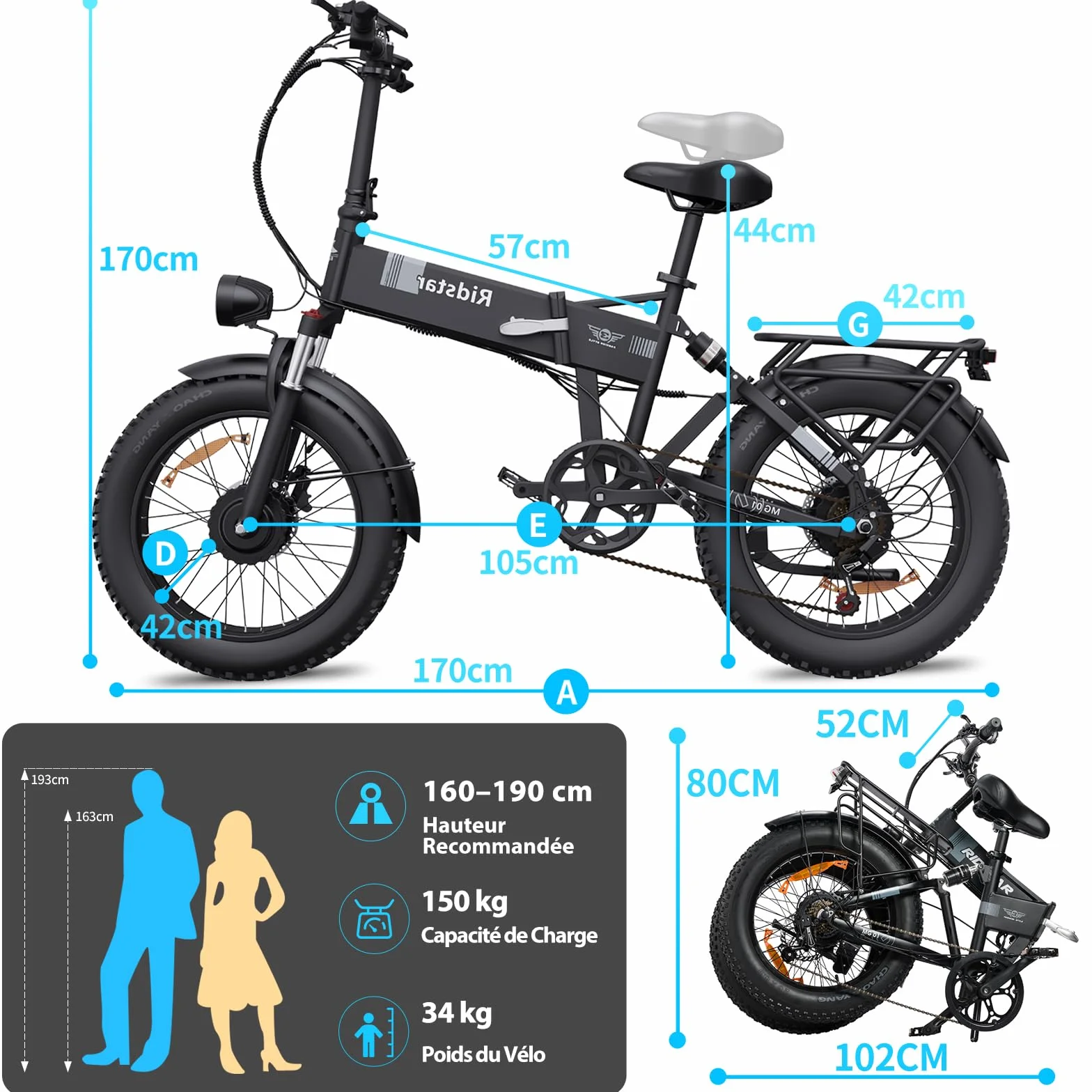 Vélo Électrique Pliable 20" Fat Bike 150km Autonomie 48V 23Ah Double Moteur 170Nm 7 Vitesses