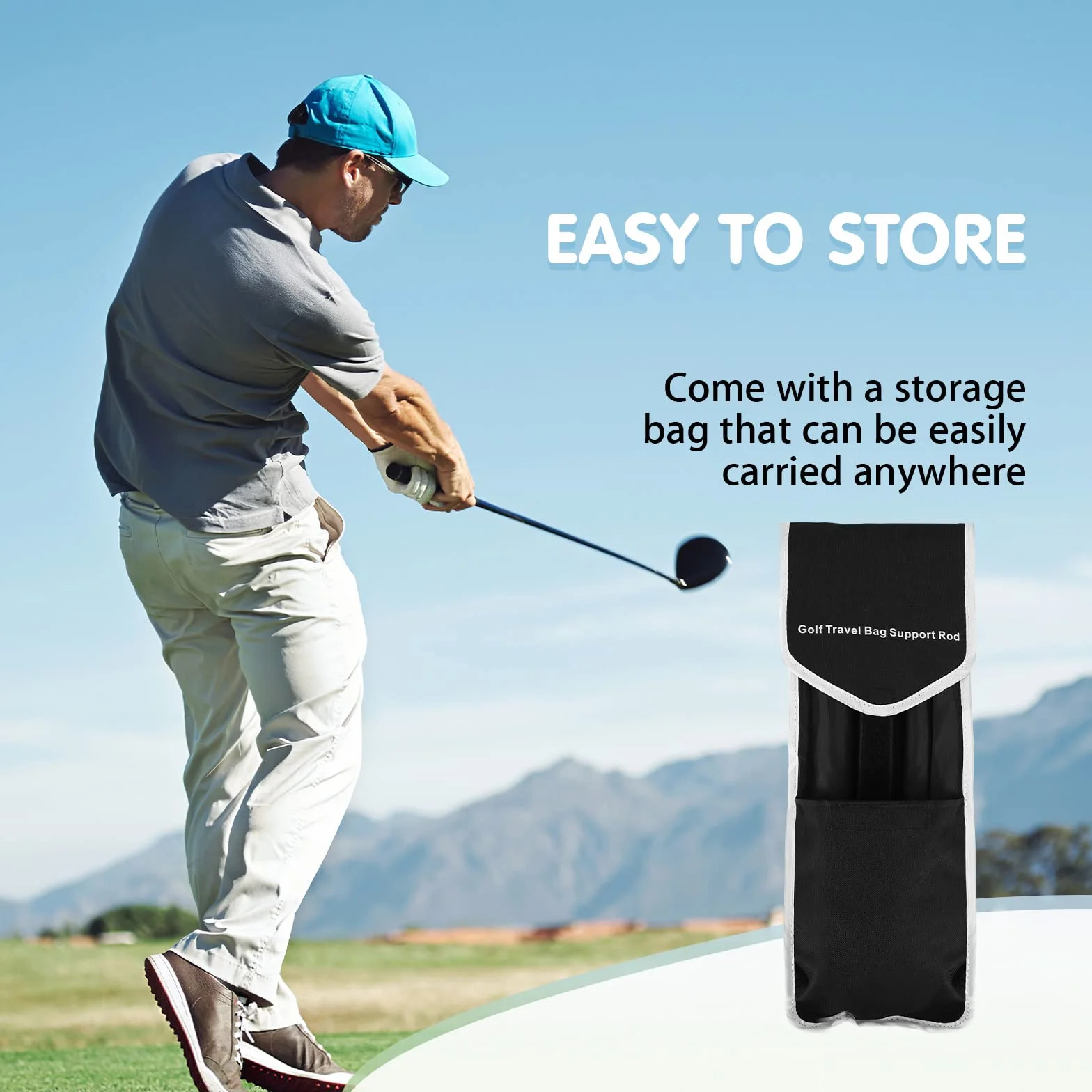 Rhino Valley Support Télescopique de Sac de Golf, Tige de Support de Sac de Voyage Réglable en Alliage d'Aluminium avec Couvercle Supérieur, Accessoire de Sac de Protection de Support de Golf