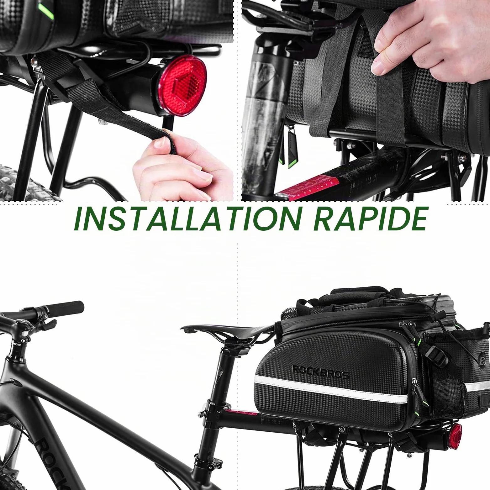 ROCKBROS Sacoche de Vélo Arrière Porte-Bagages Sac de Rangement Arrière de Transport pour Vélo de Route VTT Pliable 17-35L Portable Étanche avec Housse de Pluie Noir | Design 2 en 1, avec bretelles et porte-bouteille d'eau, bandes réfléchissantes, noir